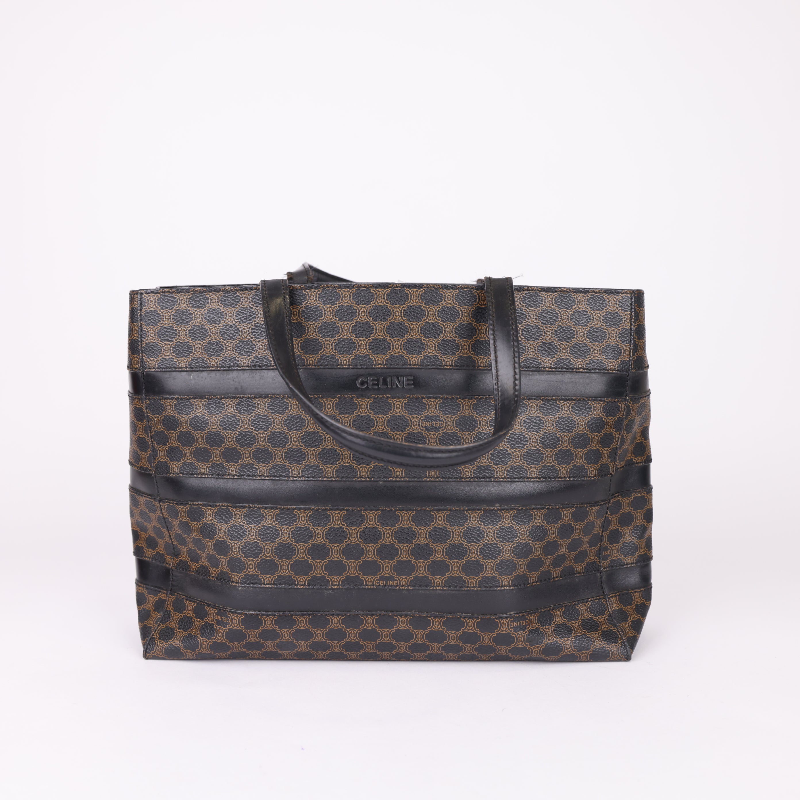 J0797  mCELINE Macadam Tote Bag PVC Leather Black Brown- Pre Owned