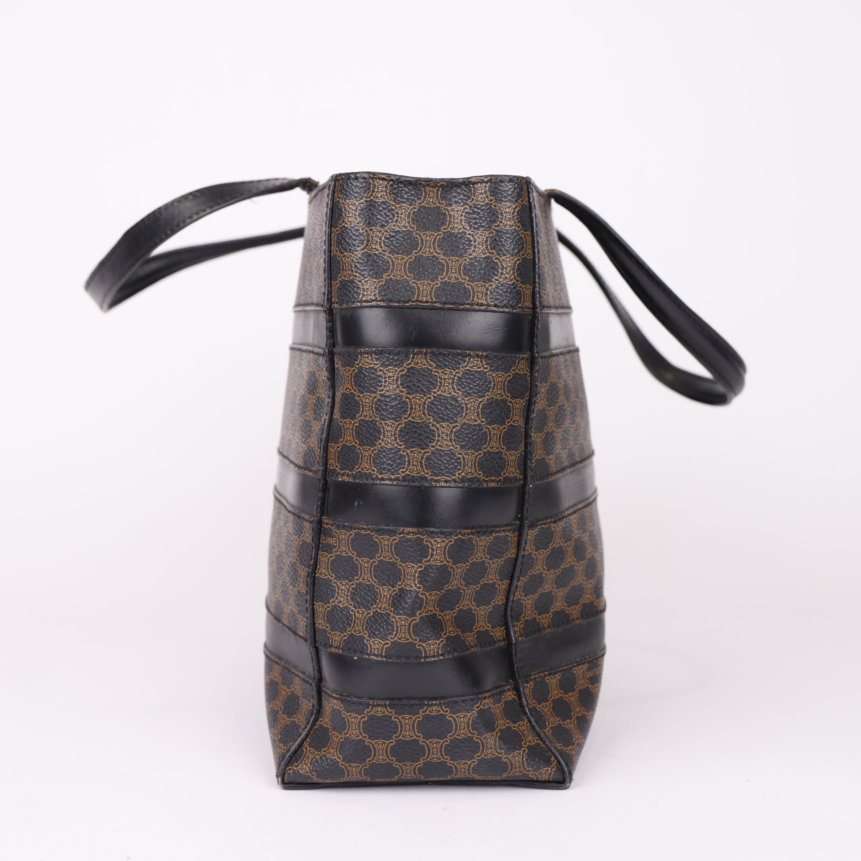 J0797  mCELINE Macadam Tote Bag PVC Leather Black Brown- Pre Owned