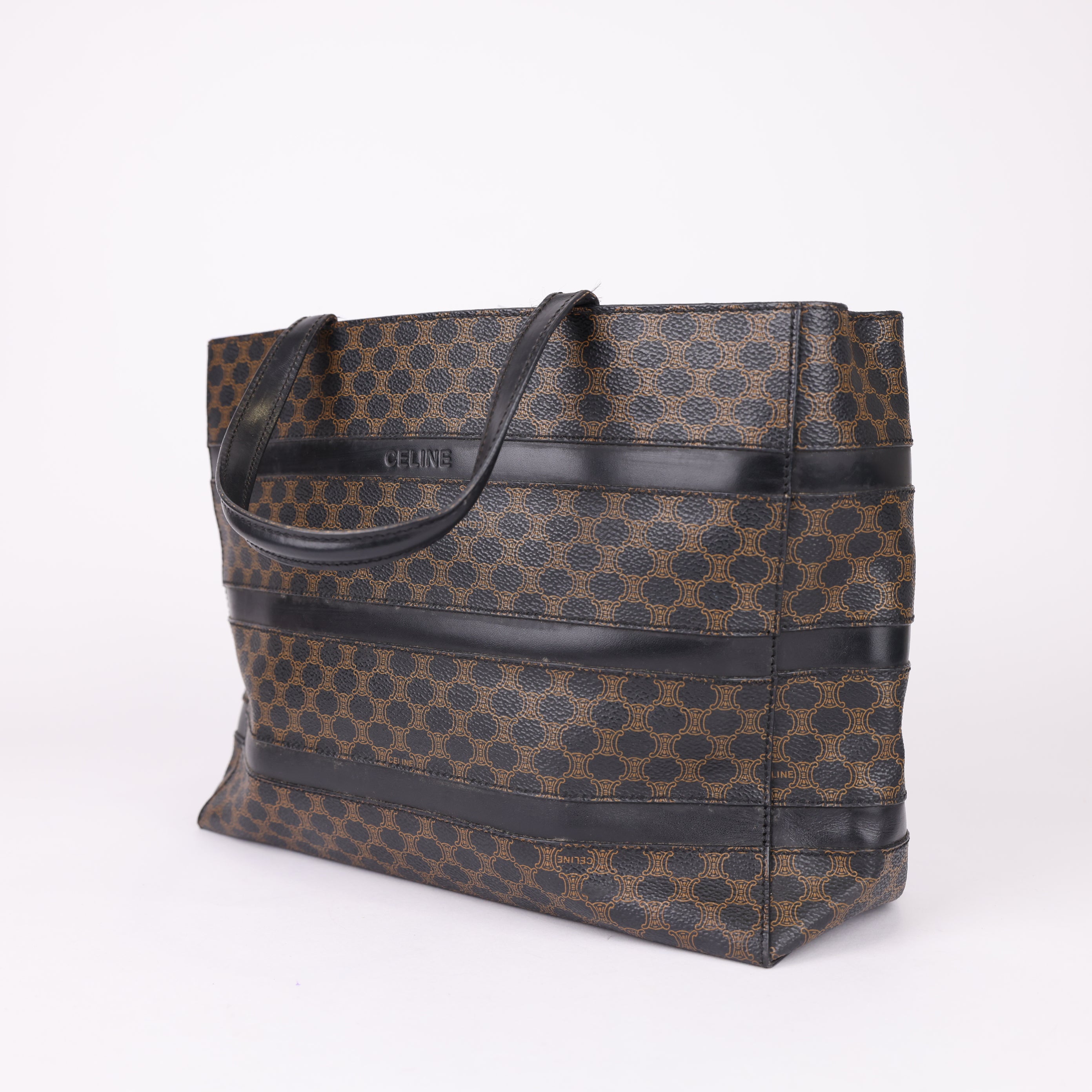 J0797  mCELINE Macadam Tote Bag PVC Leather Black Brown- Pre Owned