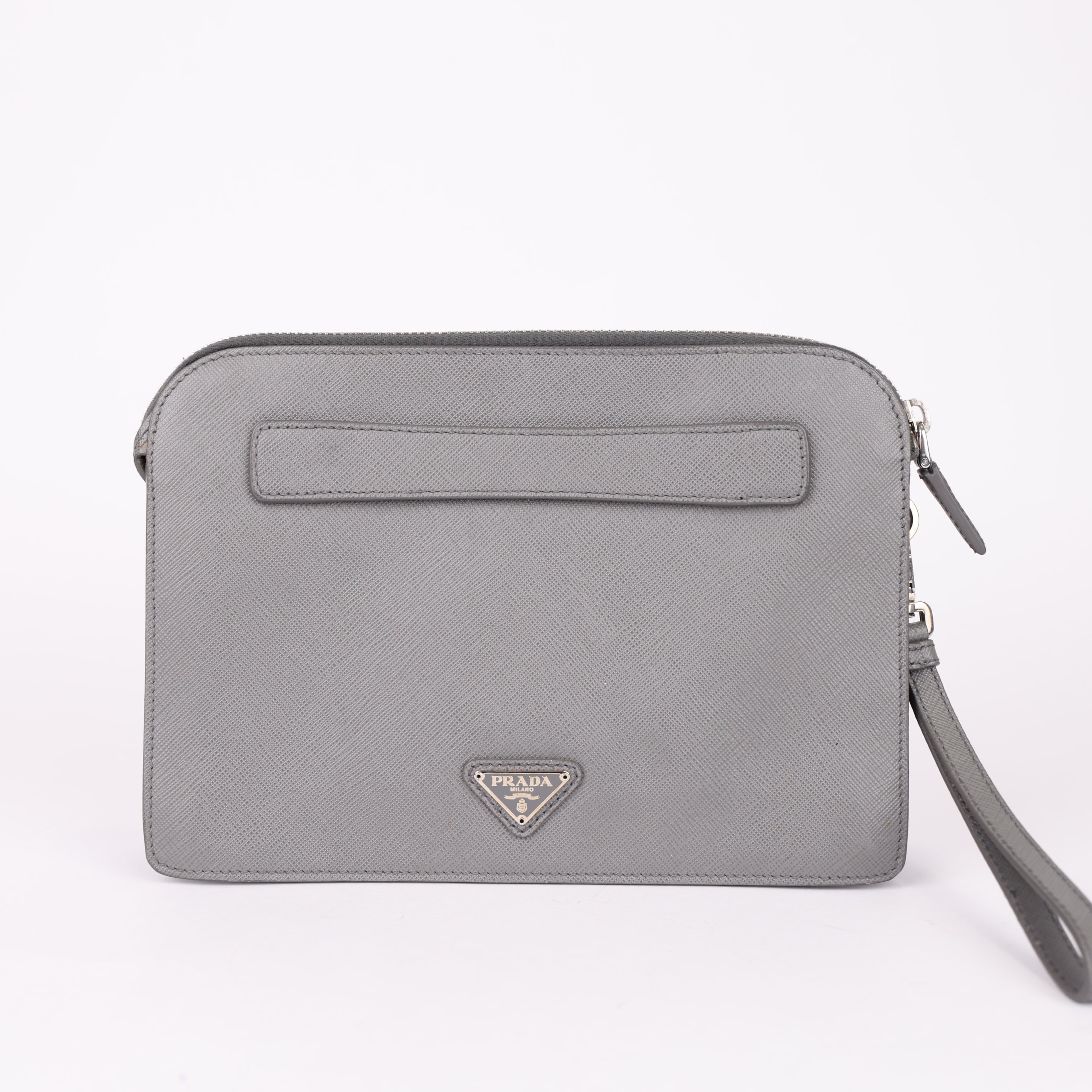 PRADA Gray Triangular Logo Clutch Bag- Pre Owned