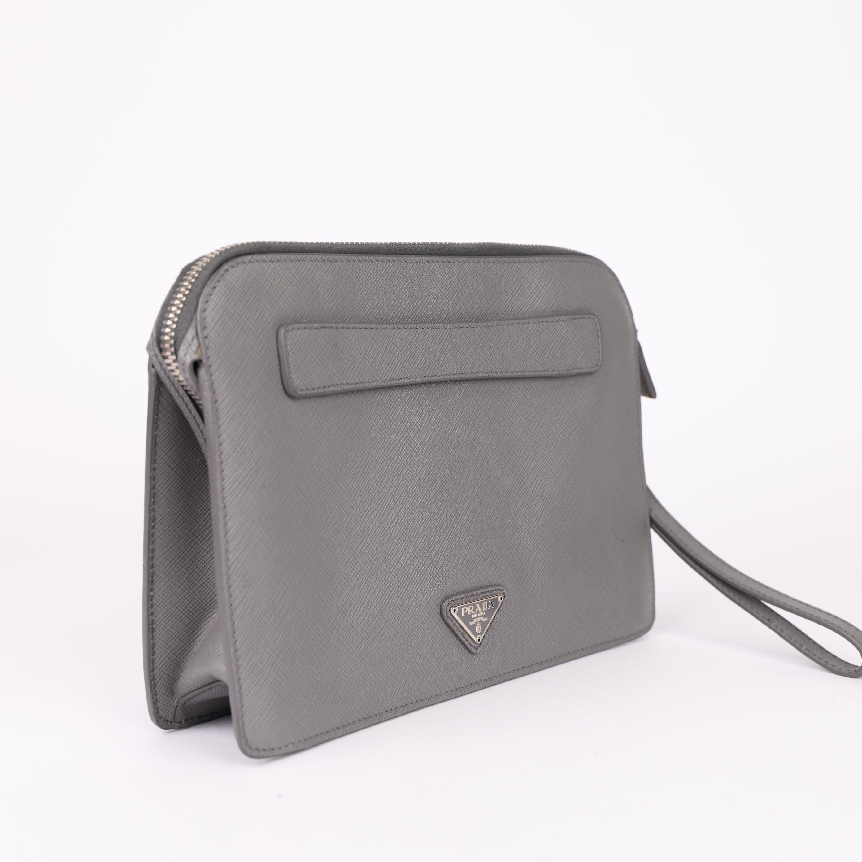 PRADA Gray Triangular Logo Clutch Bag- Pre Owned