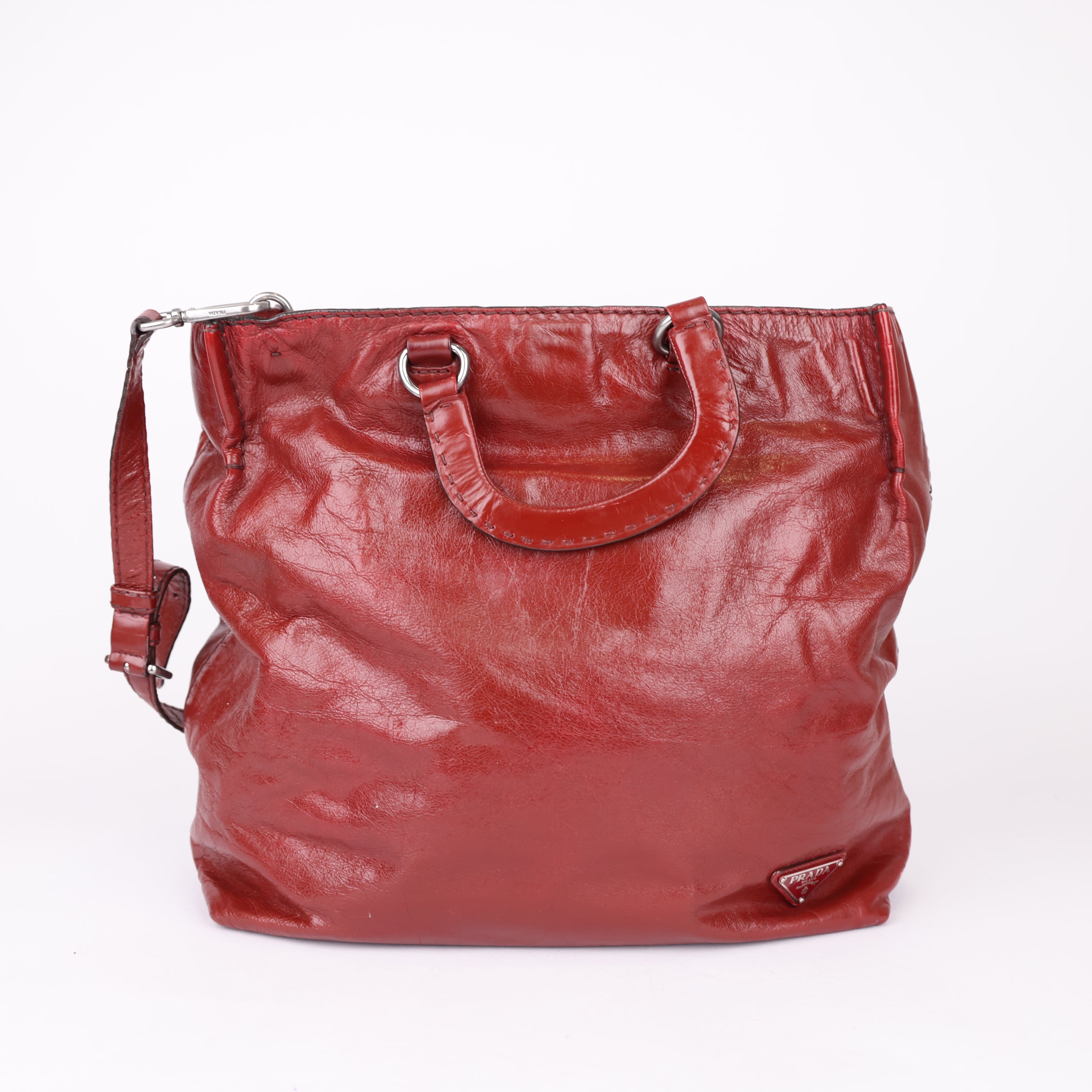 J0805 Prada tote calfskin maroon- Pre Owned