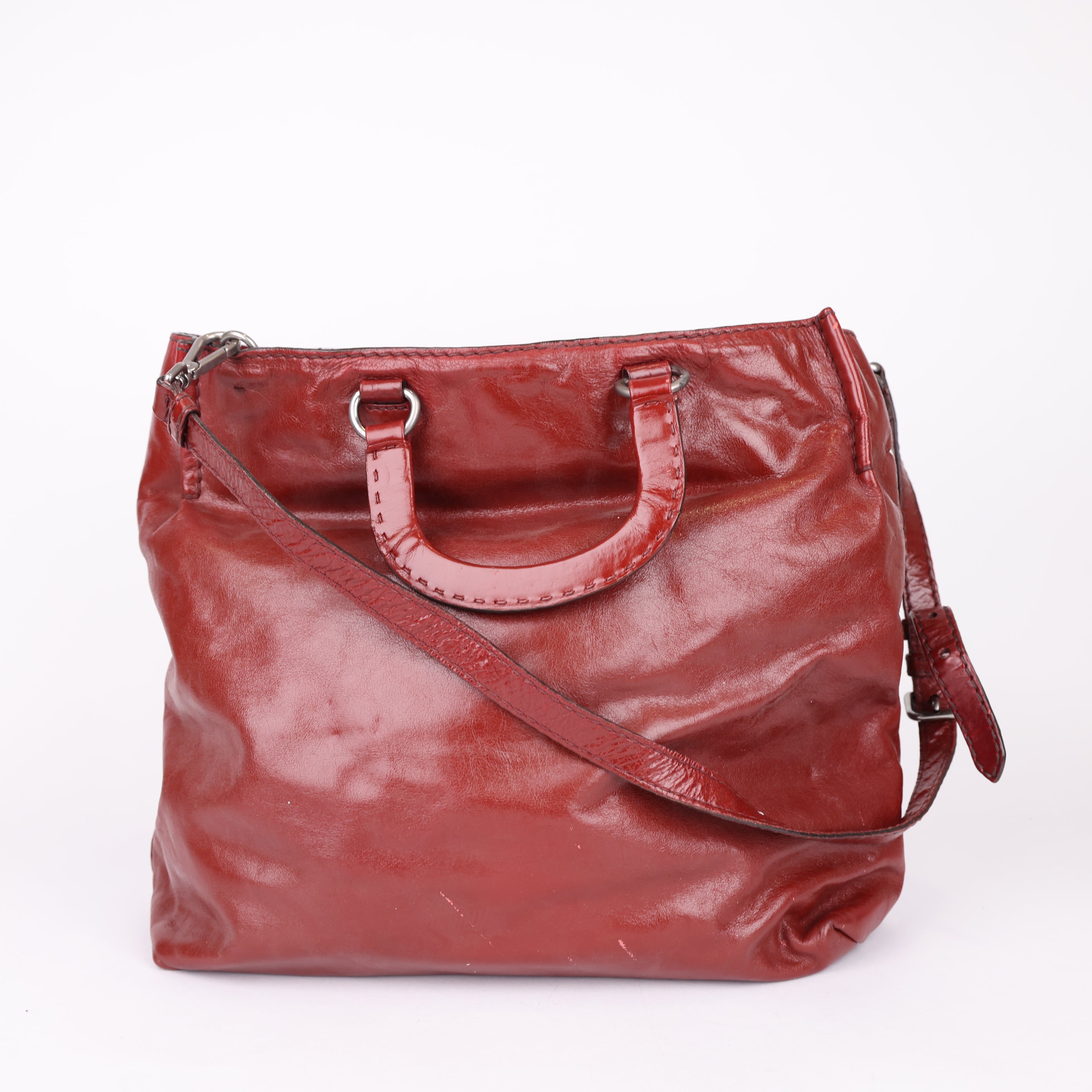 J0805 Prada tote calfskin maroon- Pre Owned