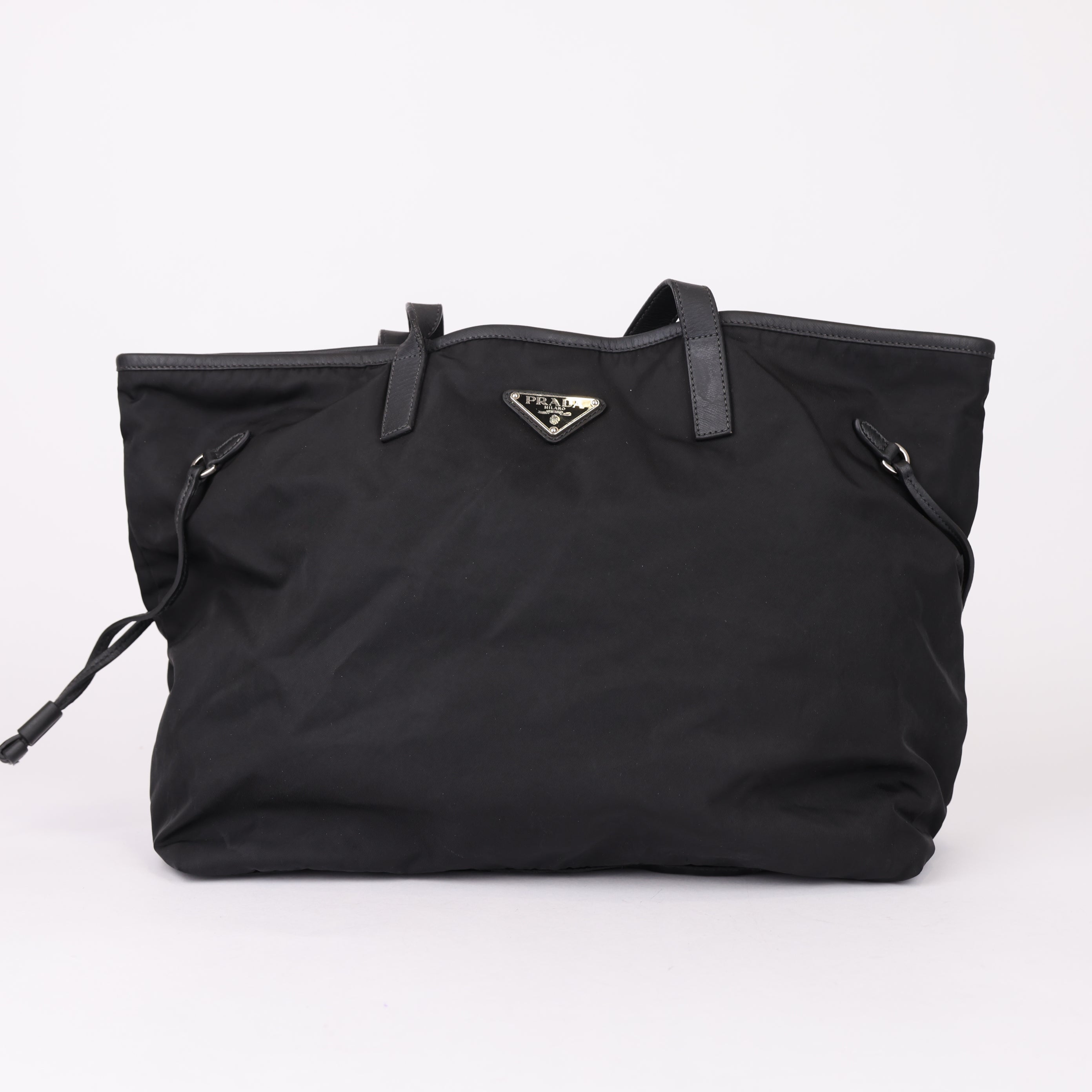 Prada Nylon Leather Tote Bag Black- Pre Owned