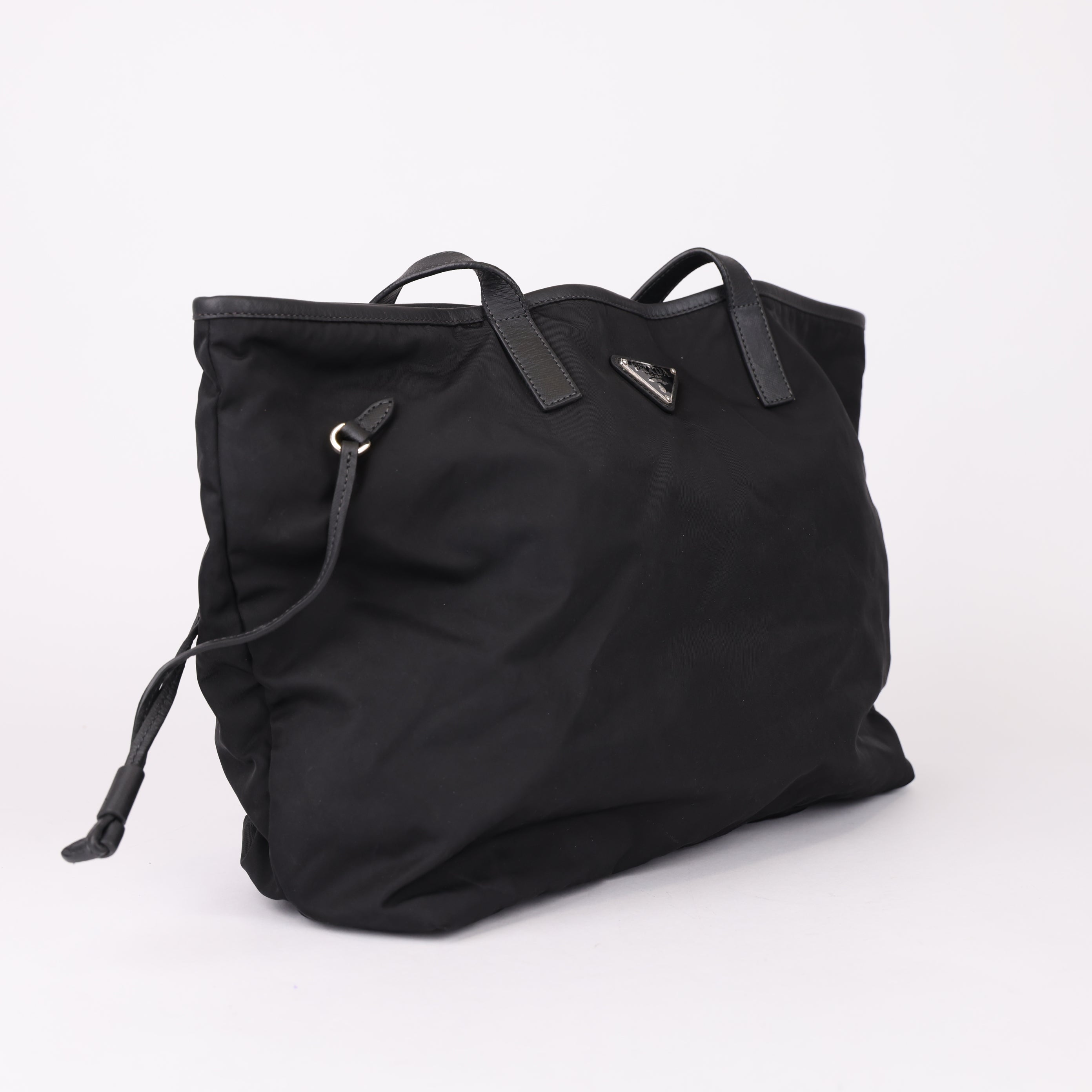 Prada Nylon Leather Tote Bag Black- Pre Owned