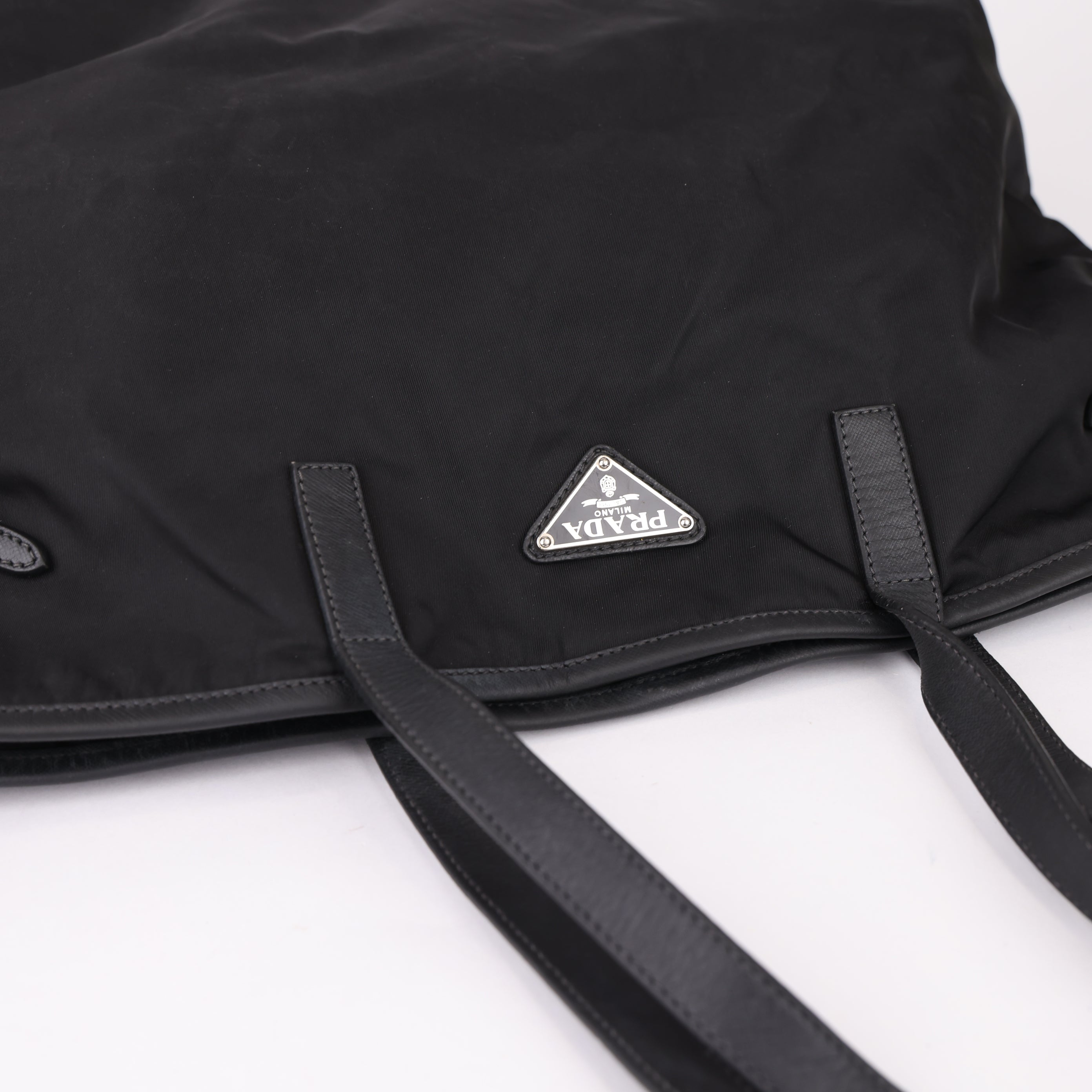 Prada Nylon Leather Tote Bag Black- Pre Owned