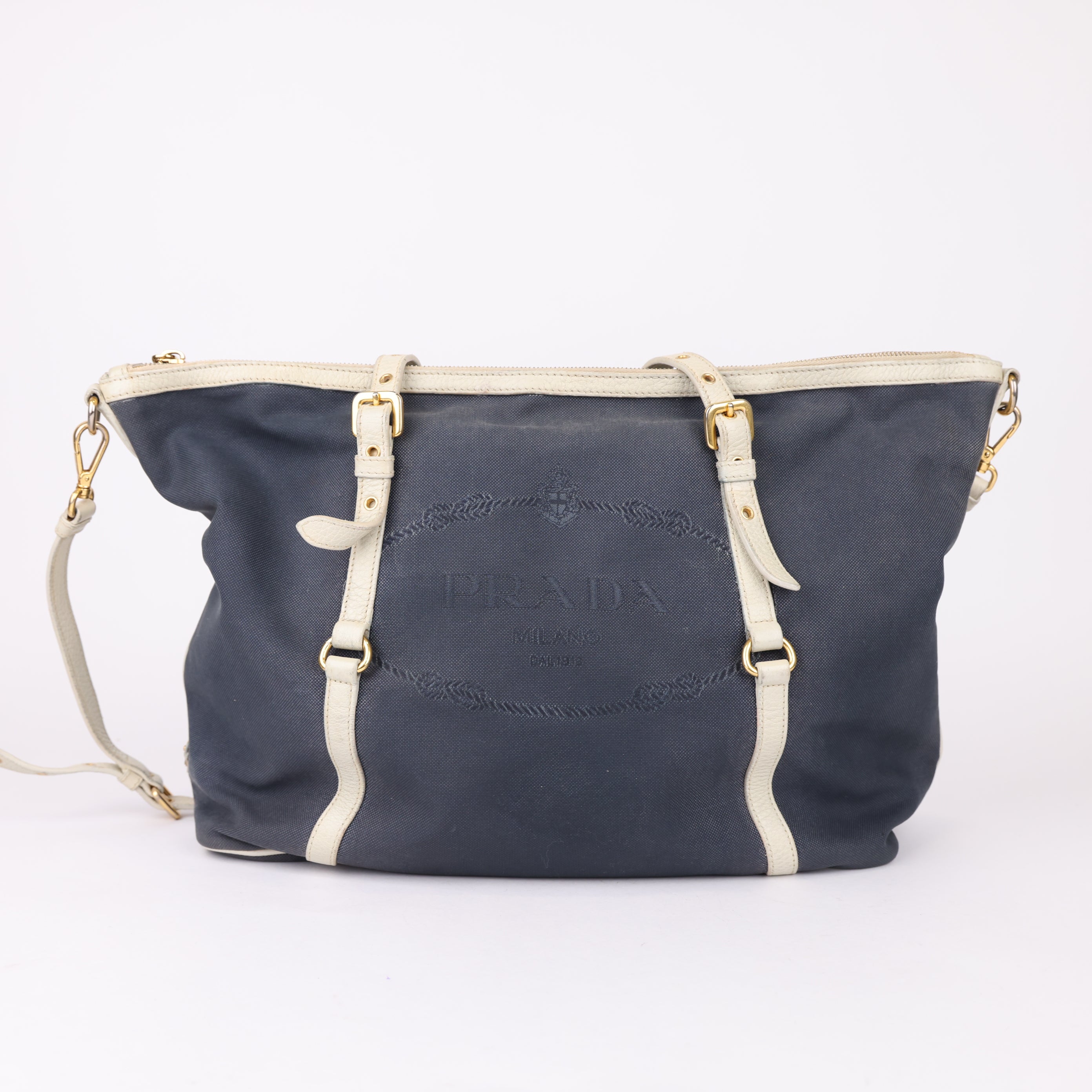 J0931 Prada Logo Jacquard Denim Tote Bag- Pre Owned