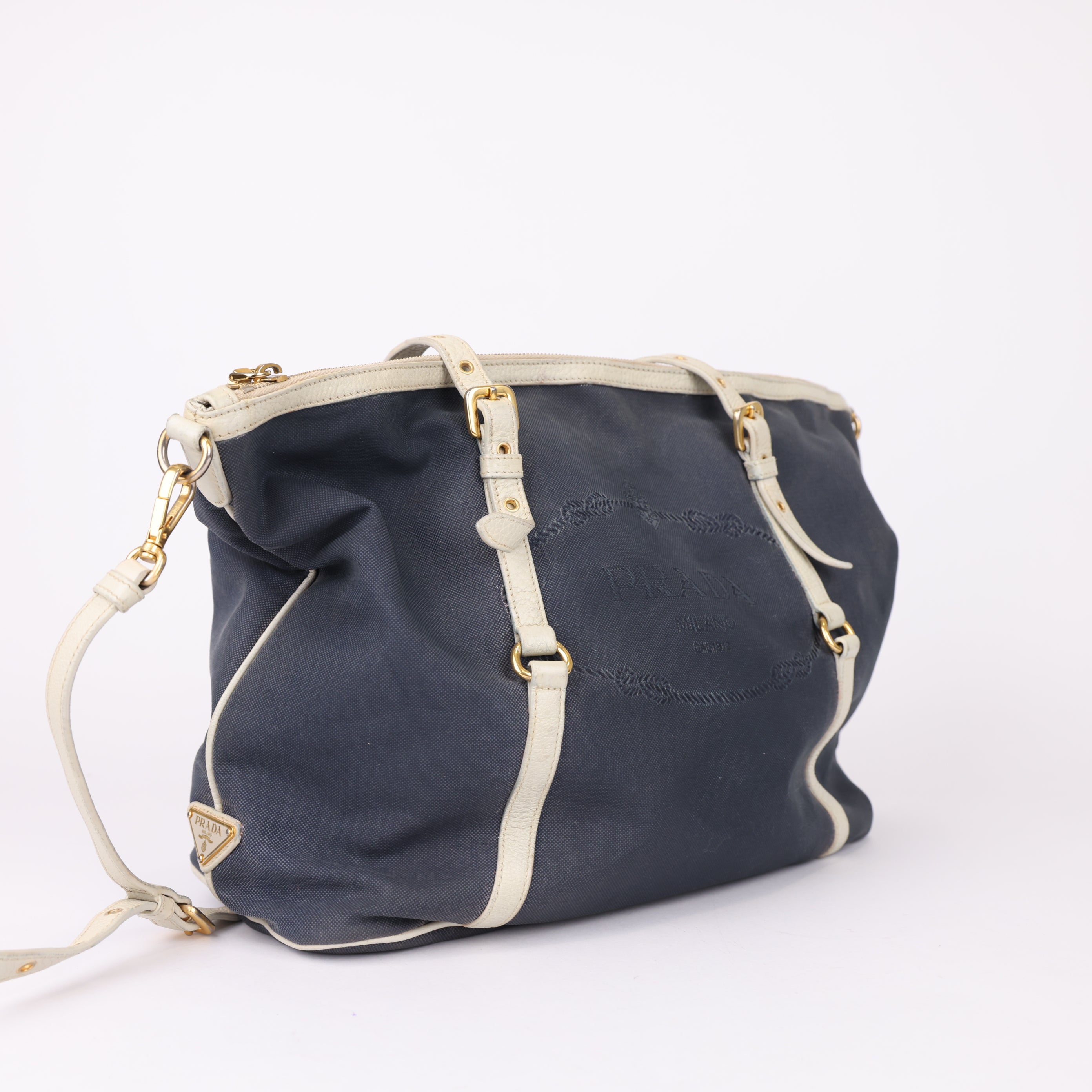 J0931 Prada Logo Jacquard Denim Tote Bag- Pre Owned