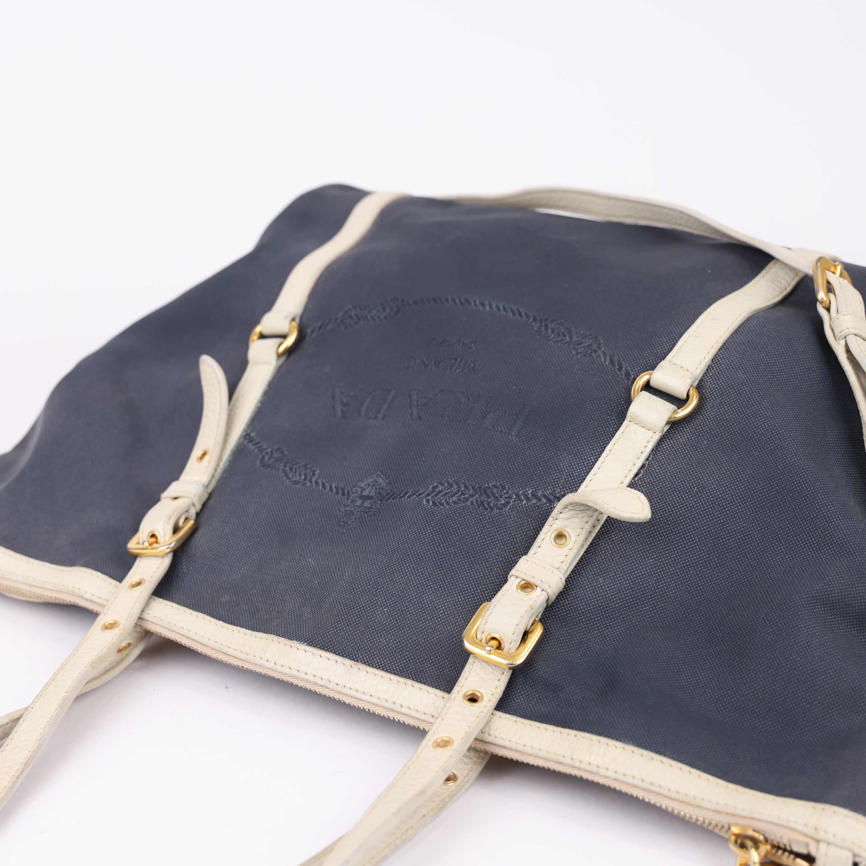 J0931 Prada Logo Jacquard Denim Tote Bag- Pre Owned