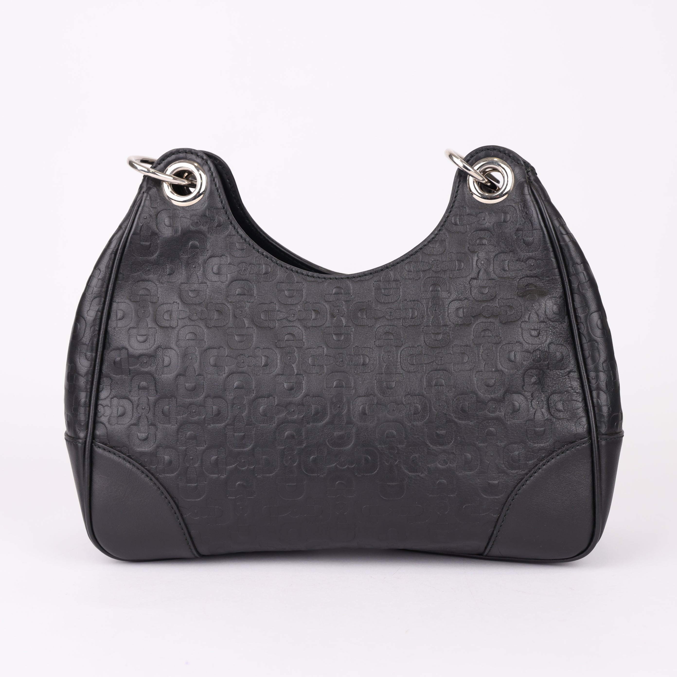 J0932 Gucci Black Horsebit Embossed Leather Shoulder Bag- Pre Owned