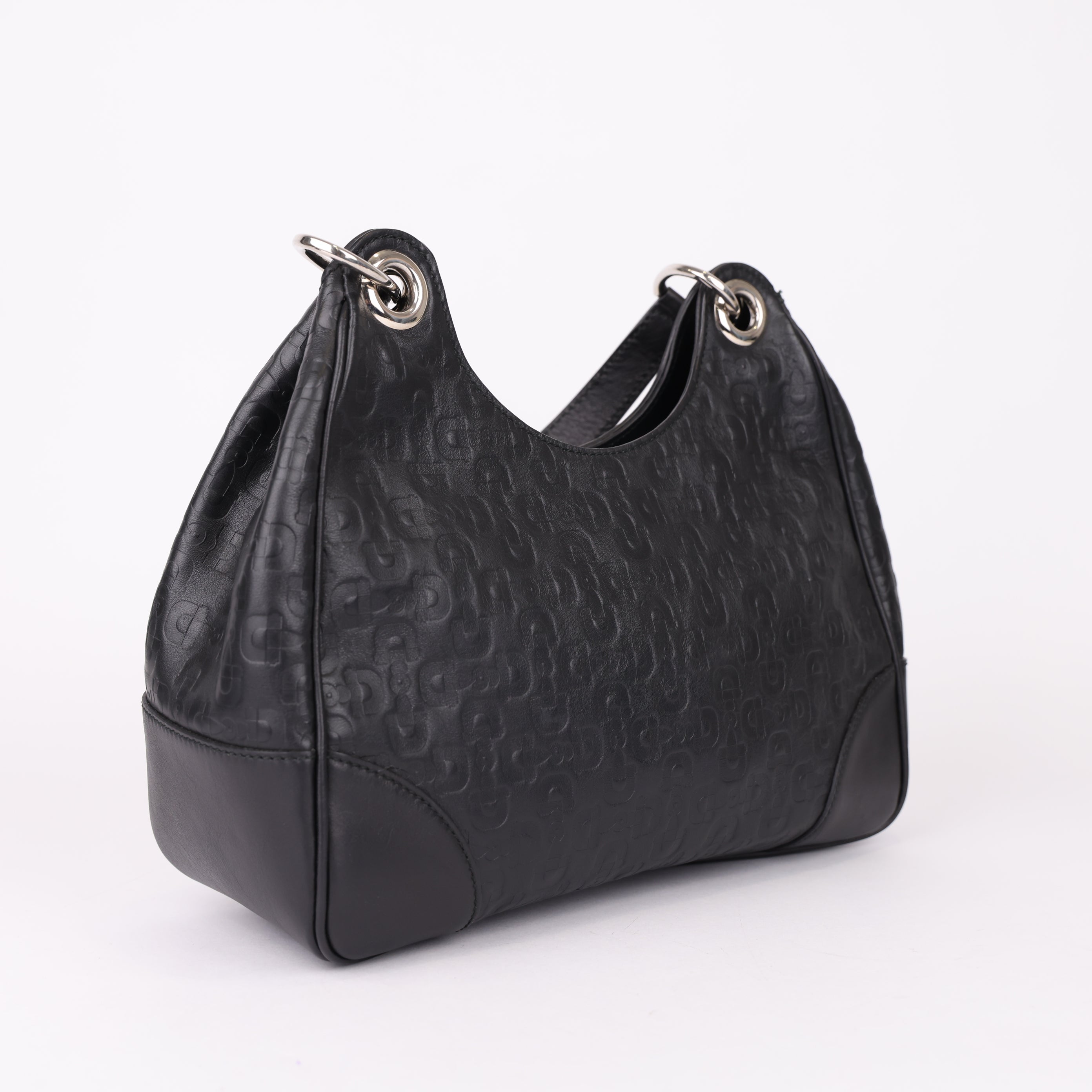 J0932 Gucci Black Horsebit Embossed Leather Shoulder Bag- Pre Owned