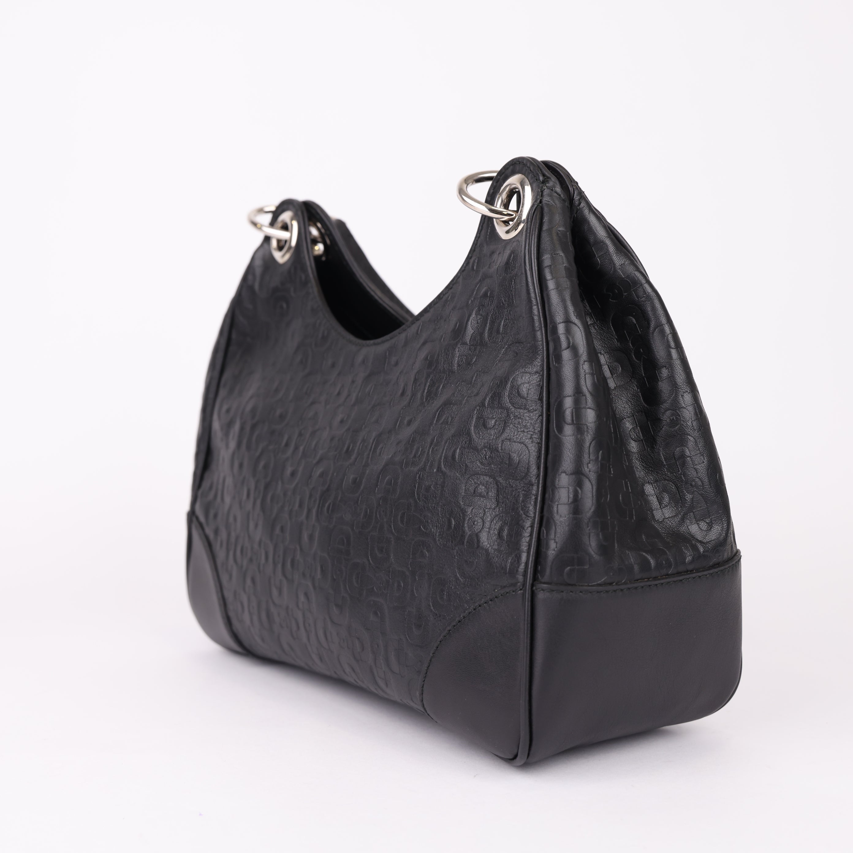 J0932 Gucci Black Horsebit Embossed Leather Shoulder Bag- Pre Owned