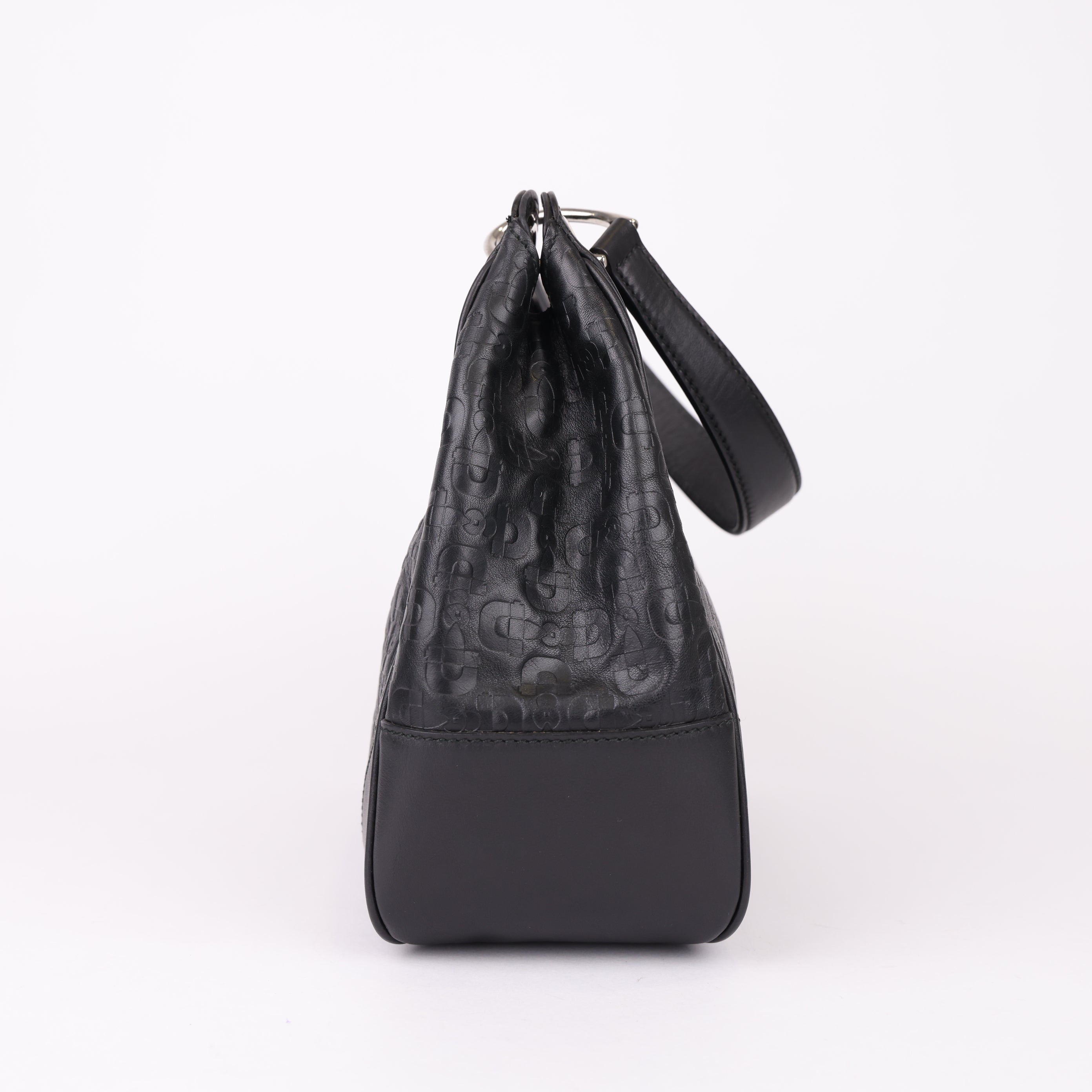 J0932 Gucci Black Horsebit Embossed Leather Shoulder Bag- Pre Owned