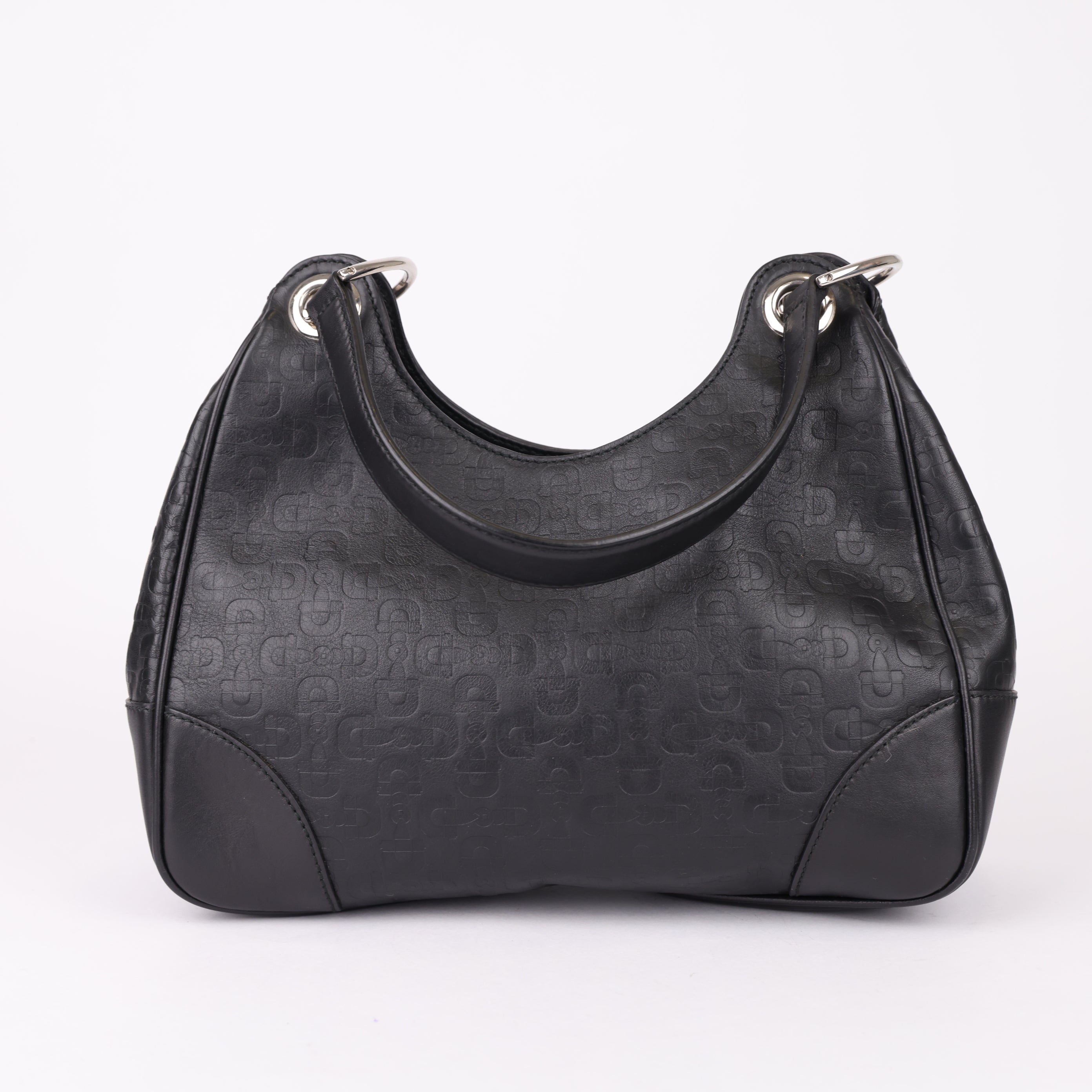 J0932 Gucci Black Horsebit Embossed Leather Shoulder Bag- Pre Owned