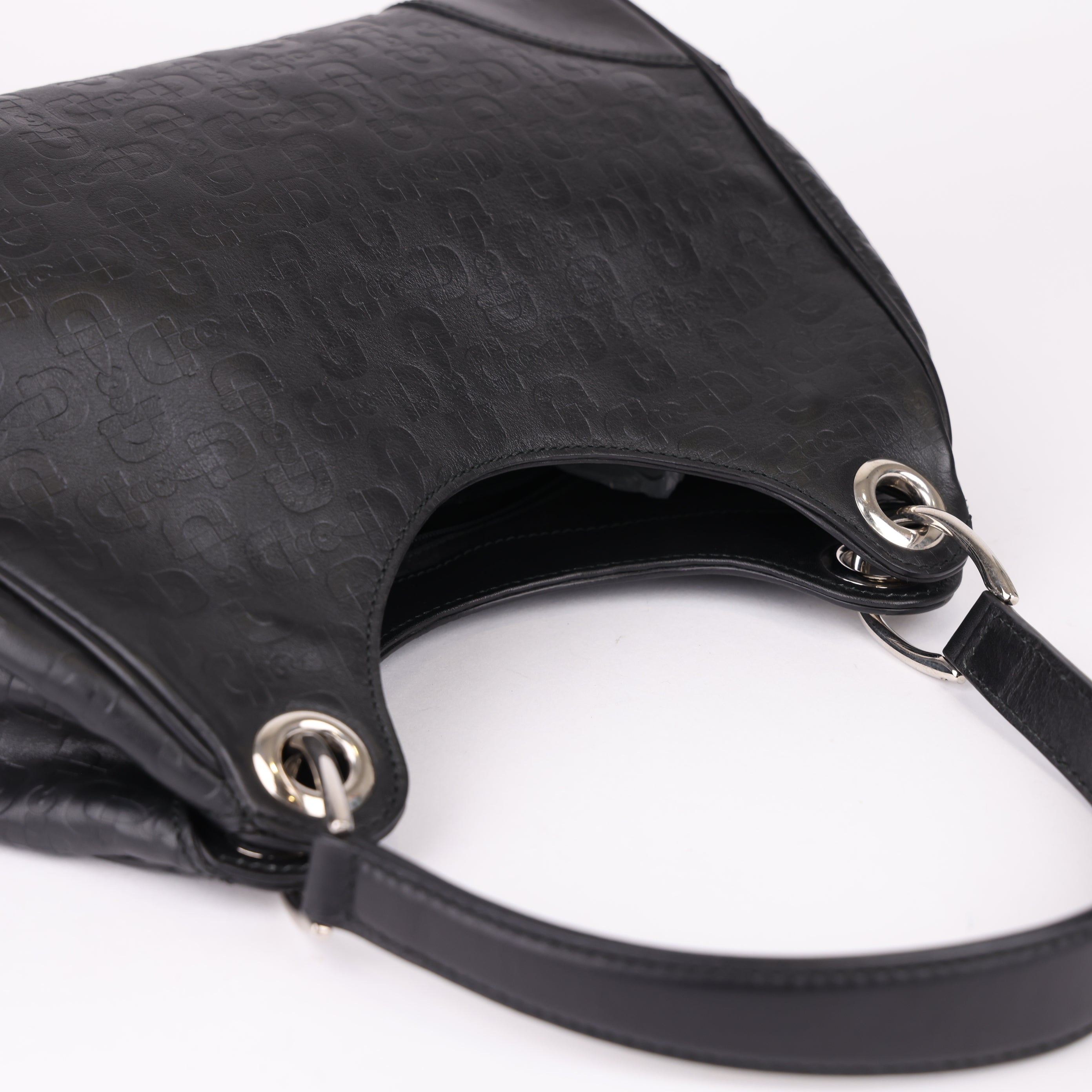 J0932 Gucci Black Horsebit Embossed Leather Shoulder Bag- Pre Owned