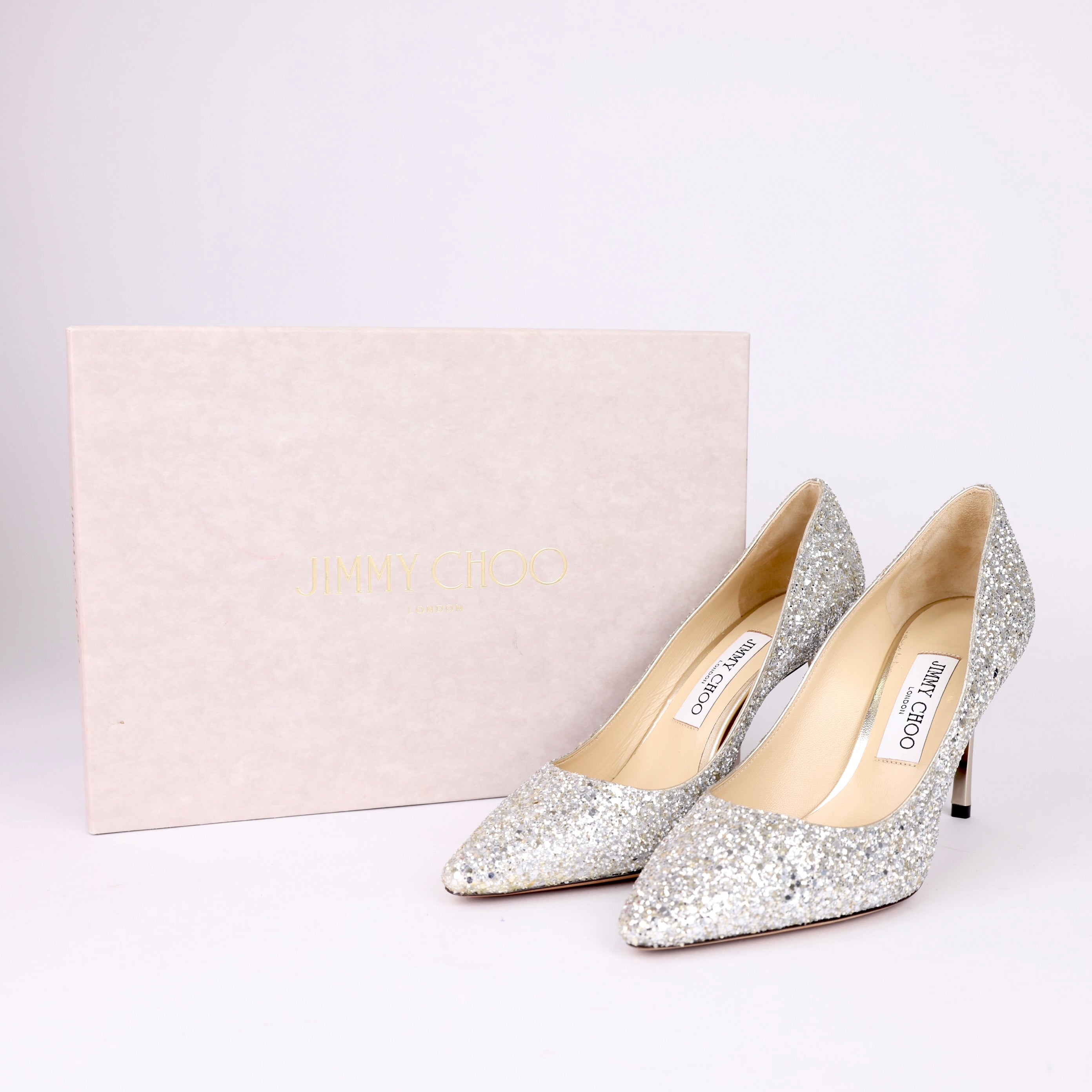 JIMMY CHOO STILETTO HEEL ROMY GLITTERY PUMPS 8CM Size EU38/UK5 - Pre Owned