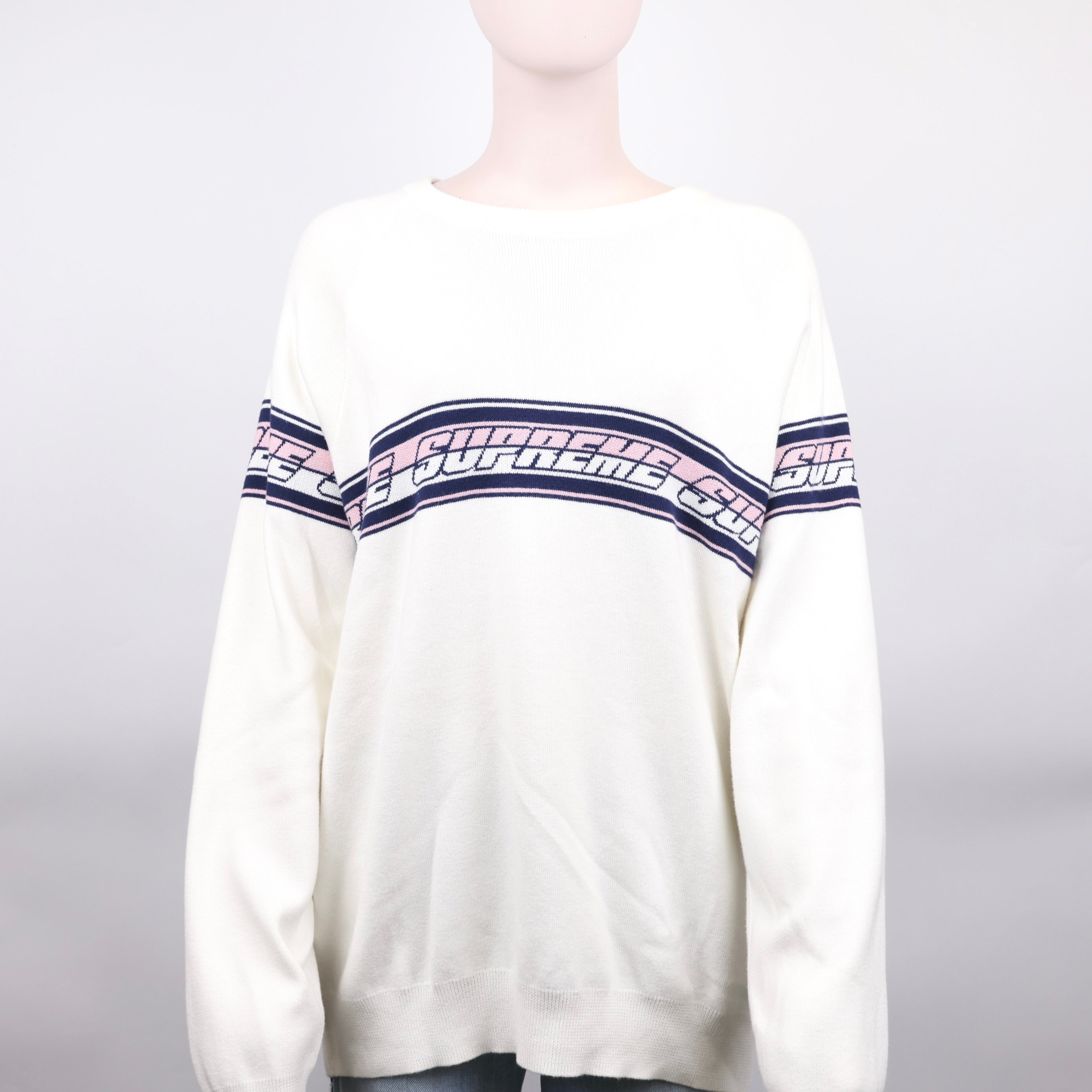 J0941 Supreme Striped Raglan Sweater White Men's SIZE L SS18- Pre Owned