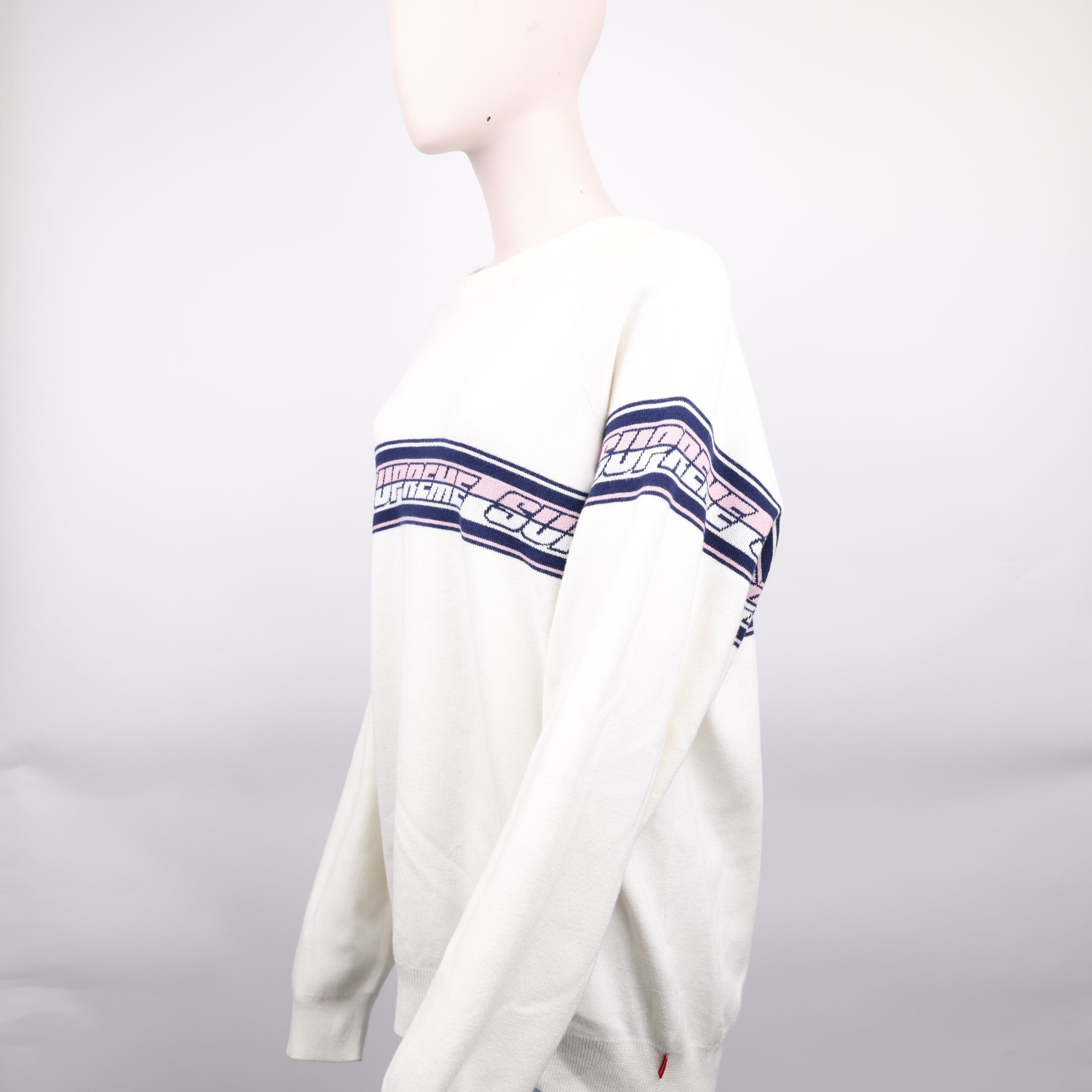 J0941 Supreme Striped Raglan Sweater White Men's SIZE L SS18- Pre Owned
