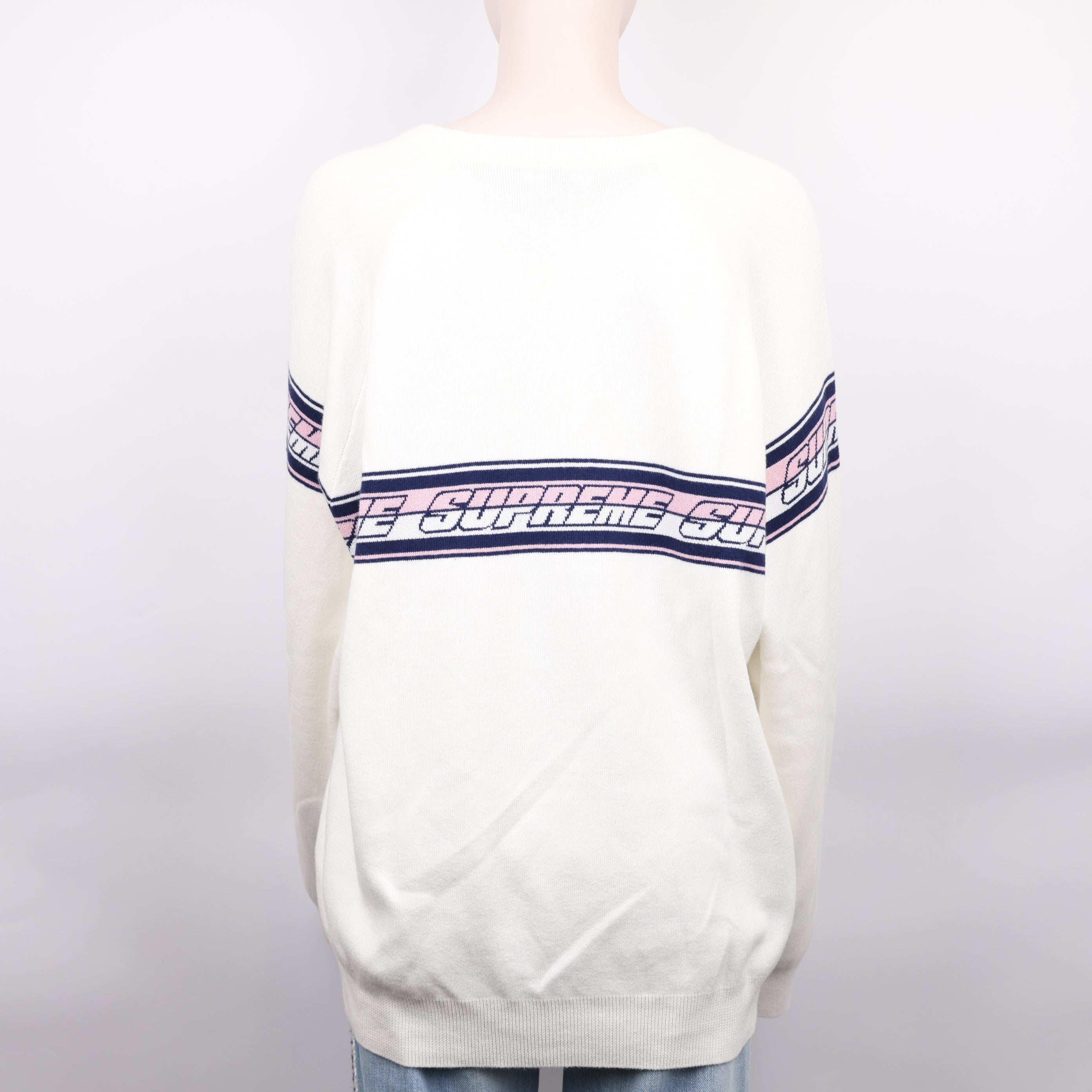 J0941 Supreme Striped Raglan Sweater White Men's SIZE L SS18- Pre Owned