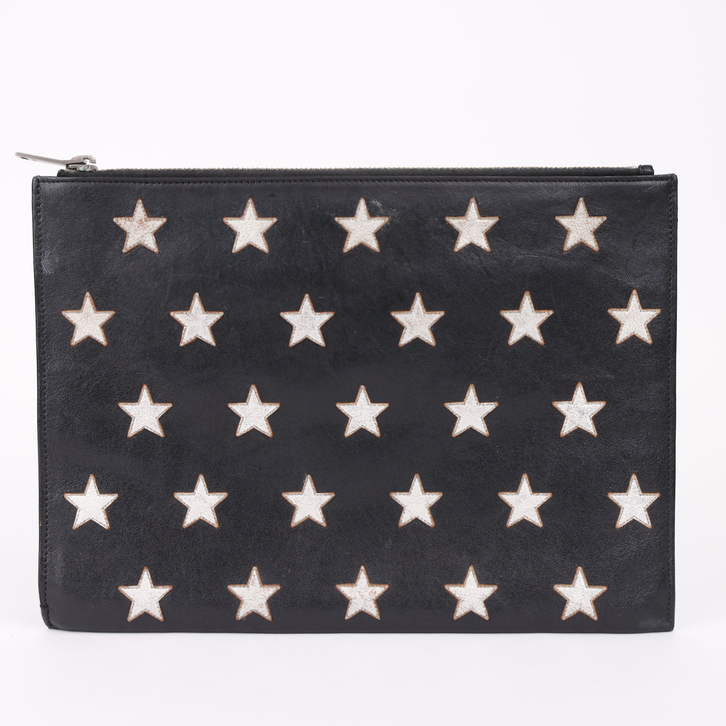 J0970 YSL Black Star Print Leather Clutch Bag- Pre Owned