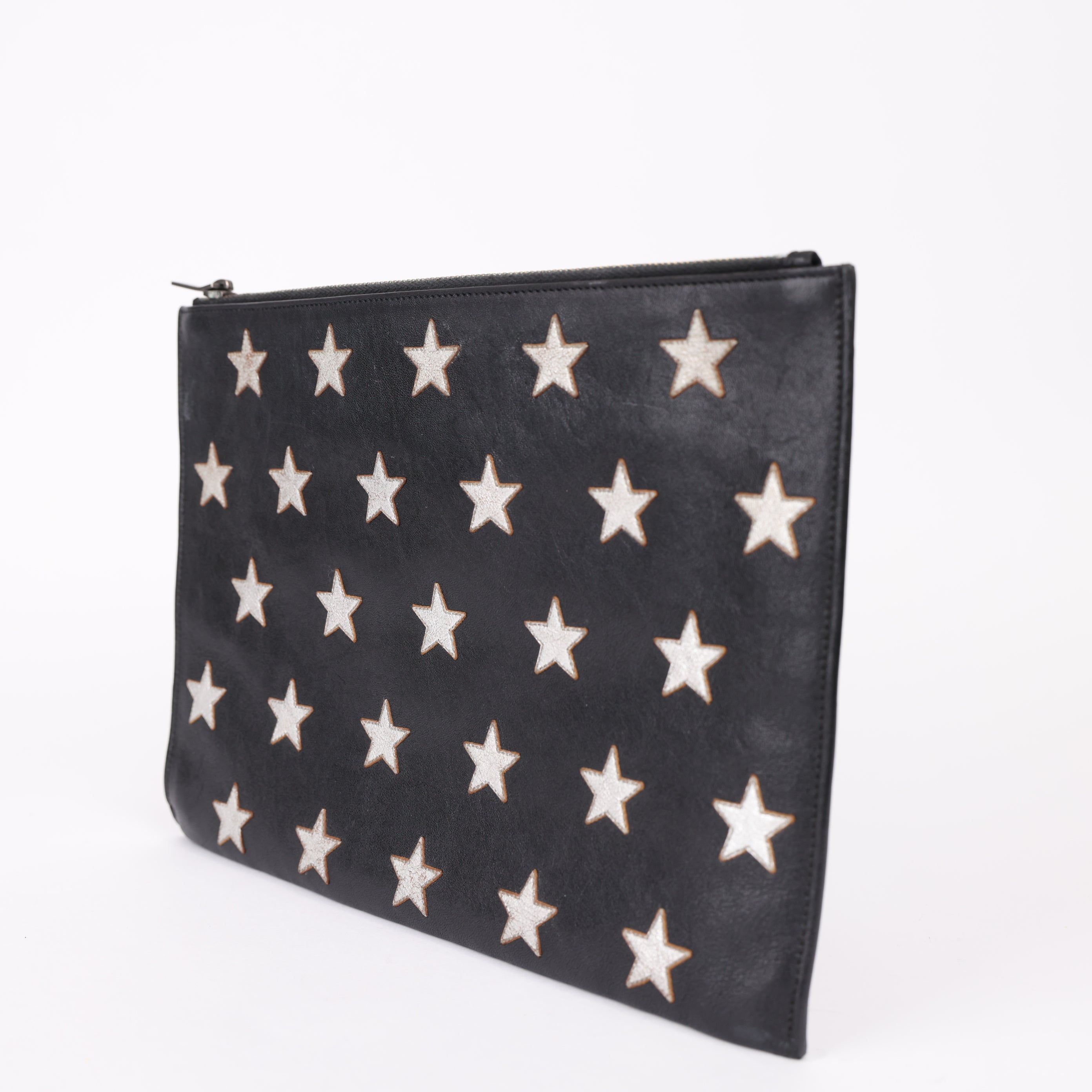 J0970 YSL Black Star Print Leather Clutch Bag- Pre Owned