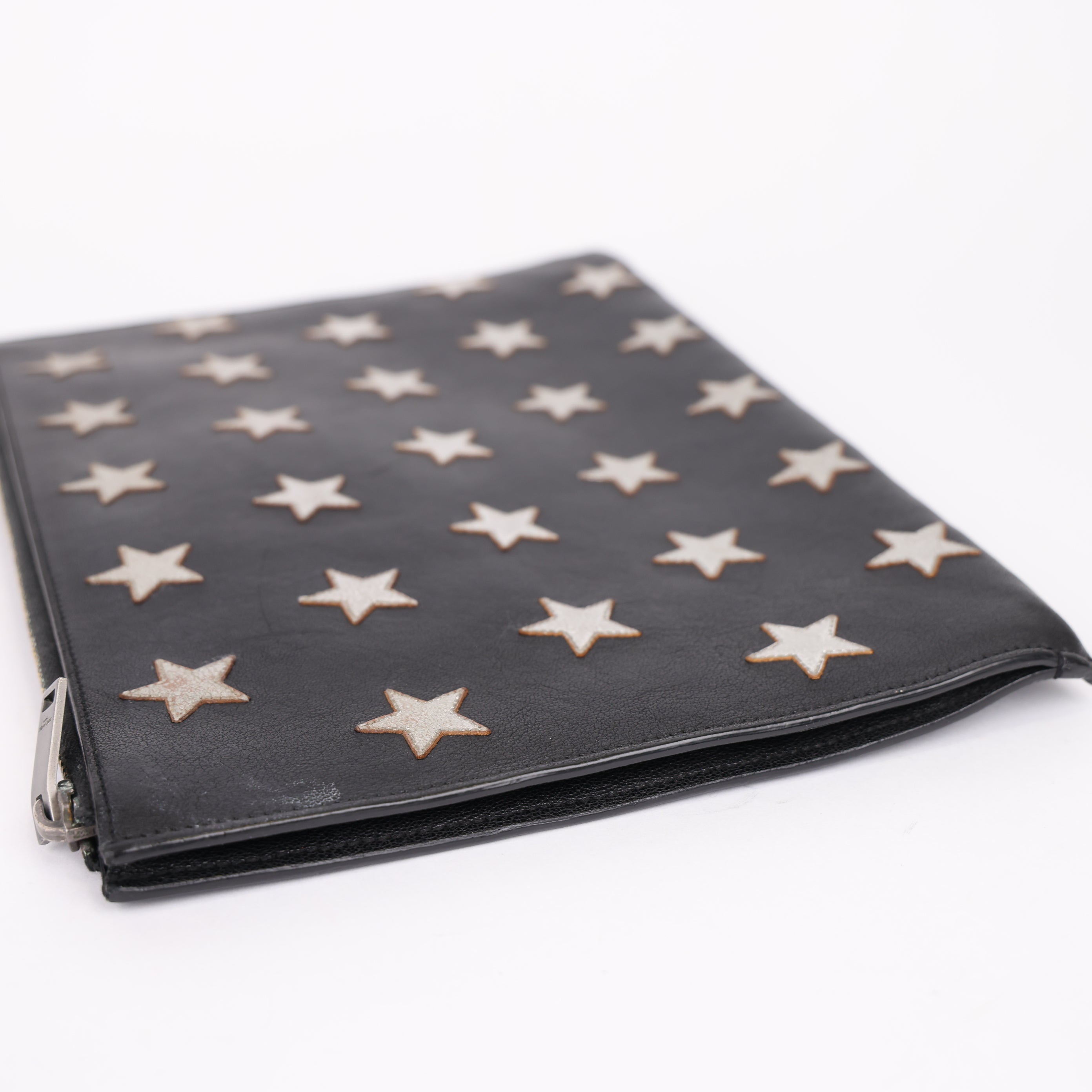 J0970 YSL Black Star Print Leather Clutch Bag- Pre Owned
