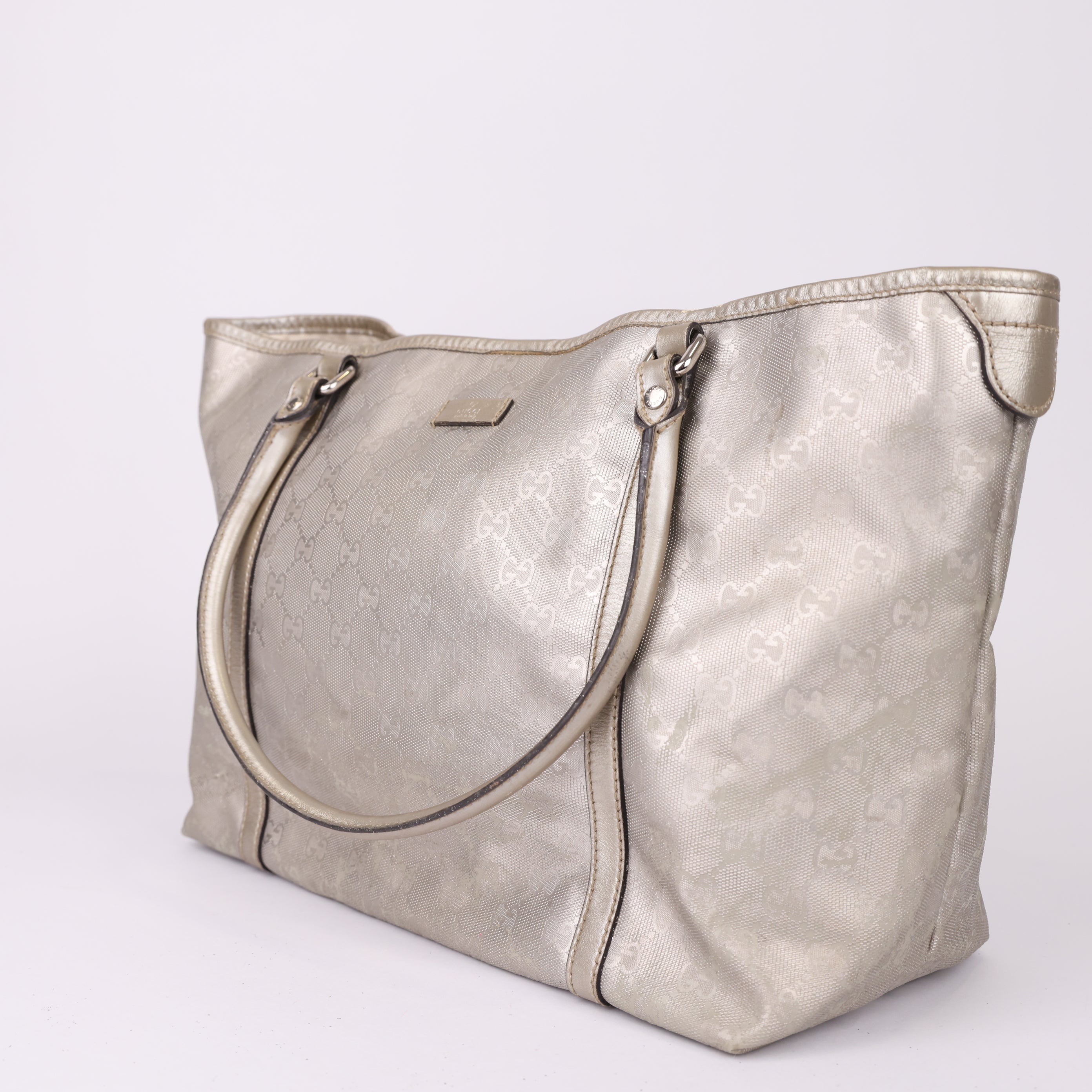 J0977 GUCCI Metallic Silver GG Imprime Coated Canvas Joy Tote Bag- Pre Owned