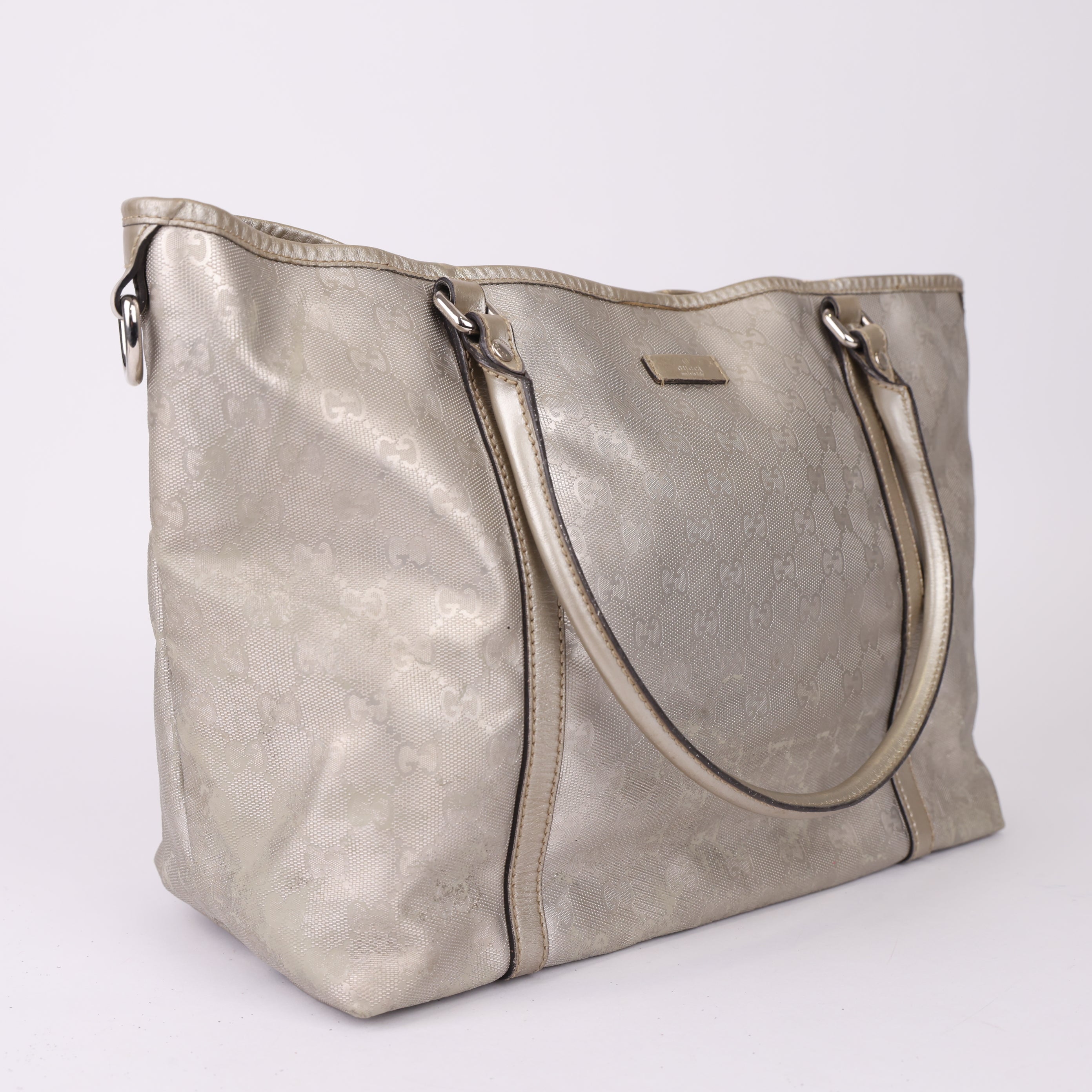 J0977 GUCCI Metallic Silver GG Imprime Coated Canvas Joy Tote Bag- Pre Owned