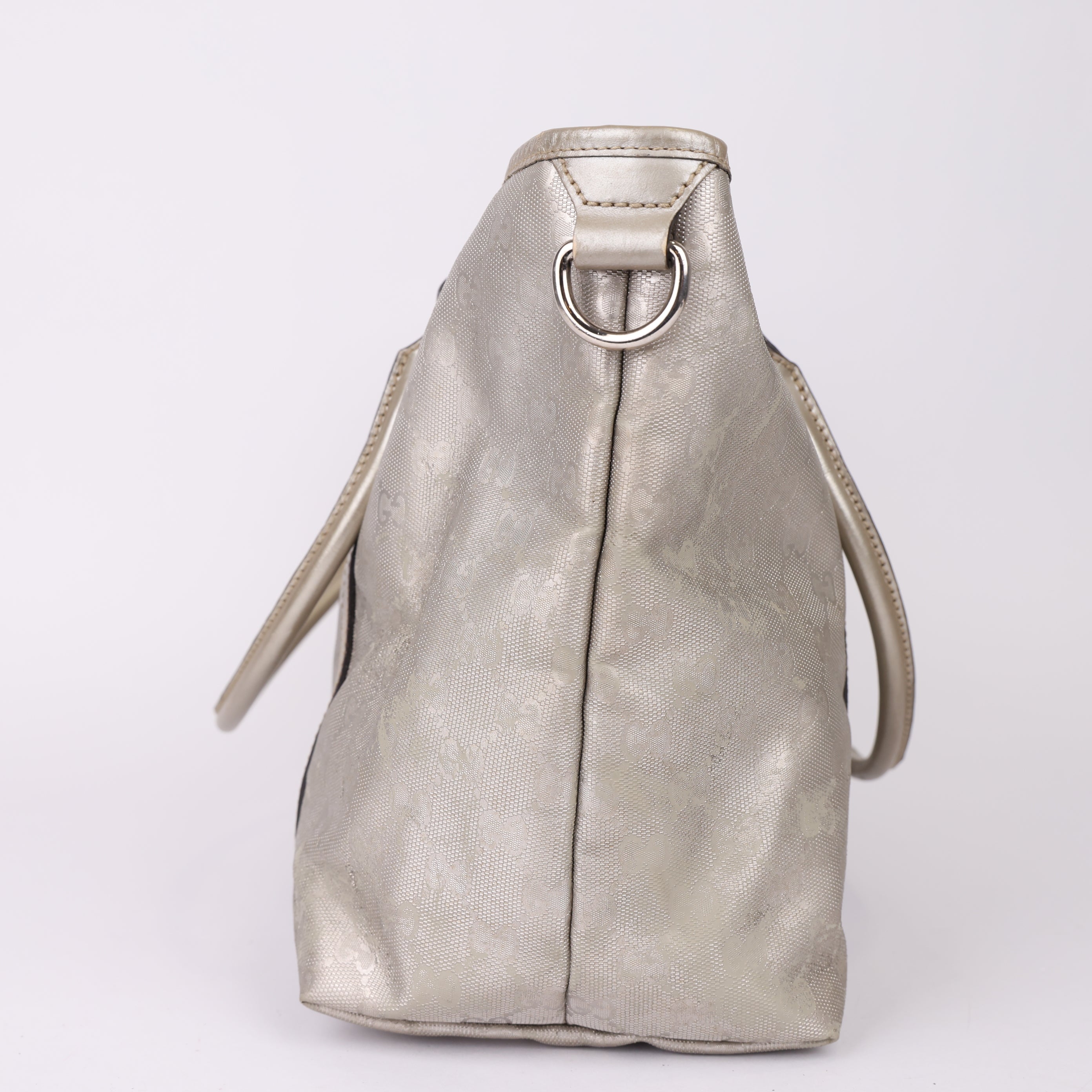 J0977 GUCCI Metallic Silver GG Imprime Coated Canvas Joy Tote Bag- Pre Owned