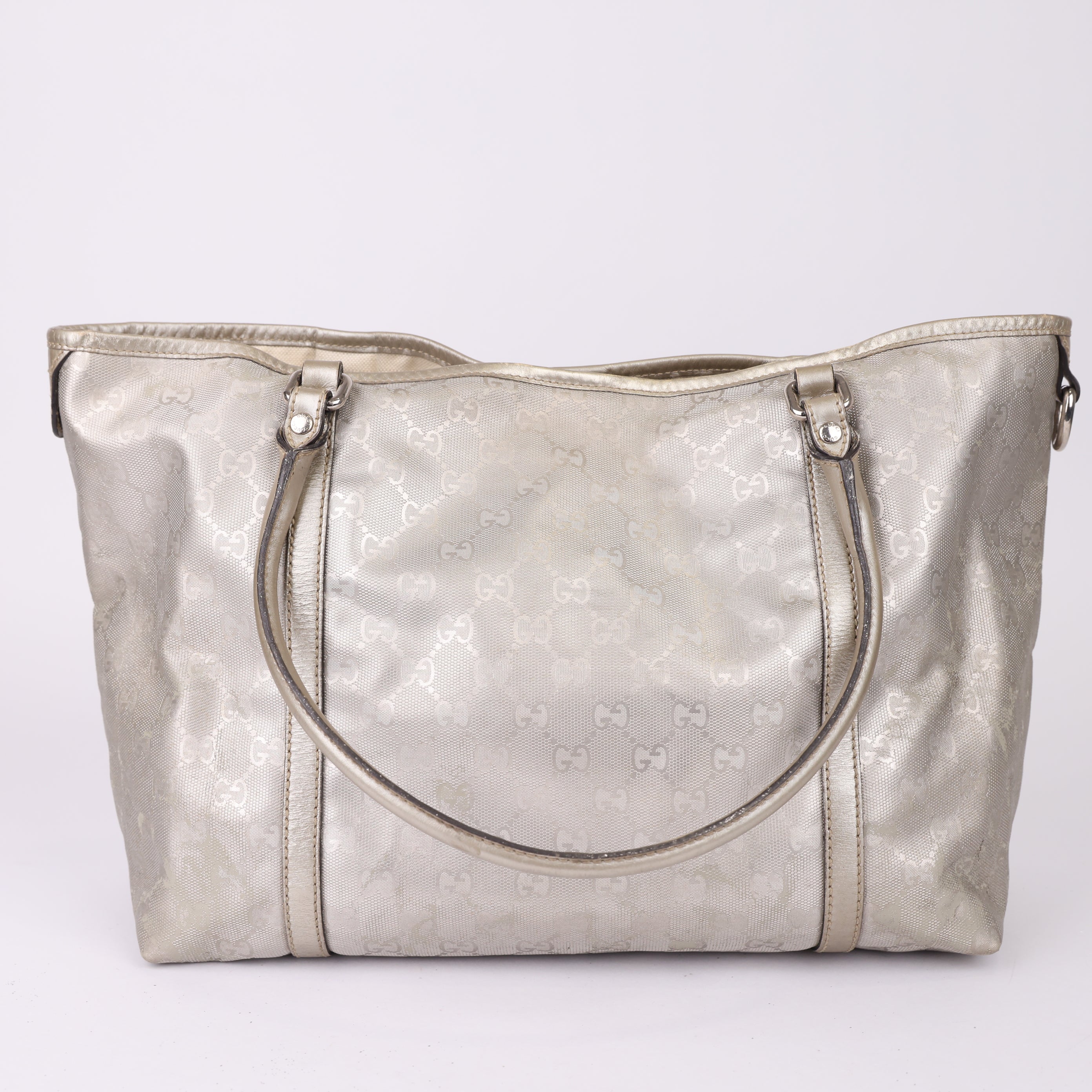 J0977 GUCCI Metallic Silver GG Imprime Coated Canvas Joy Tote Bag- Pre Owned