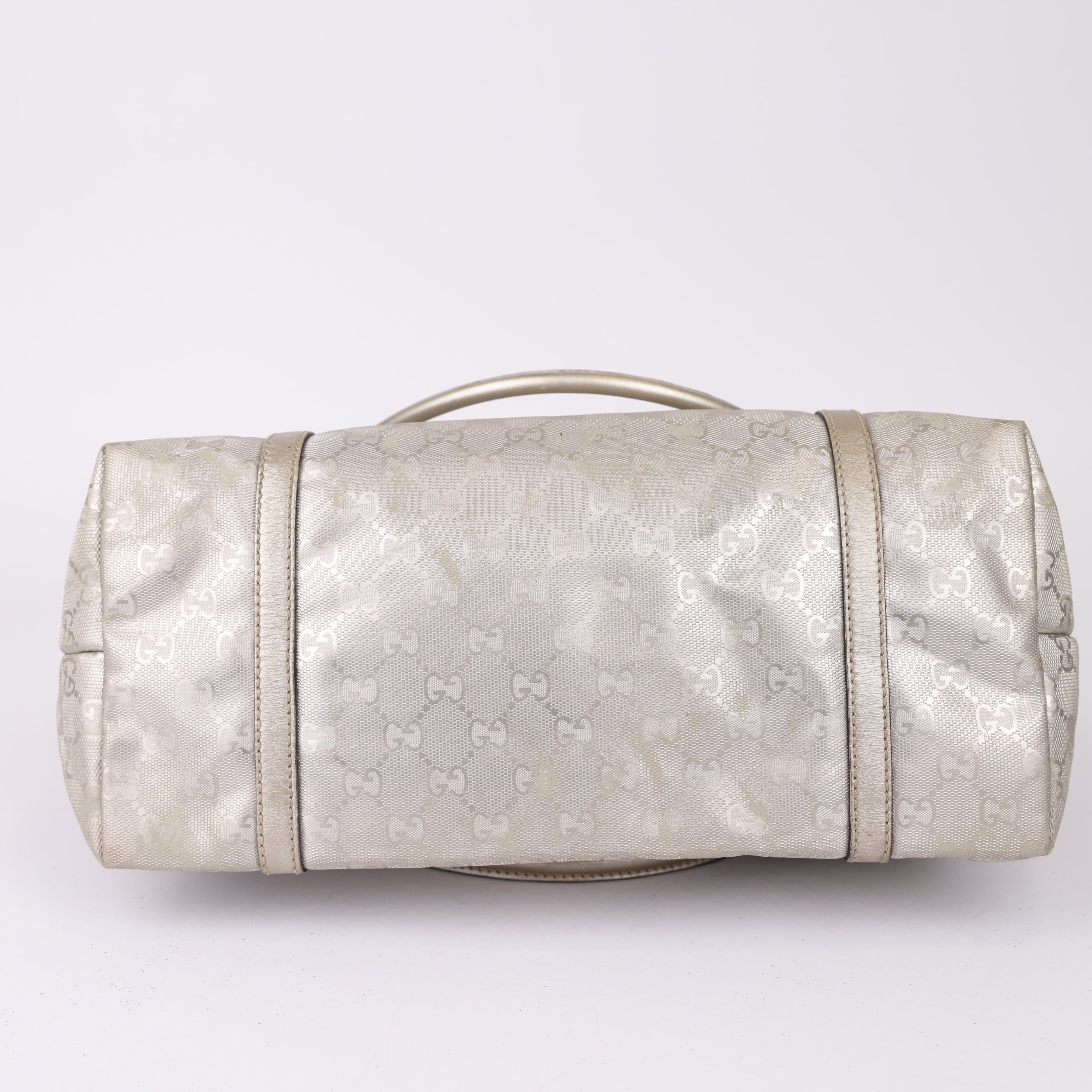 J0977 GUCCI Metallic Silver GG Imprime Coated Canvas Joy Tote Bag- Pre Owned