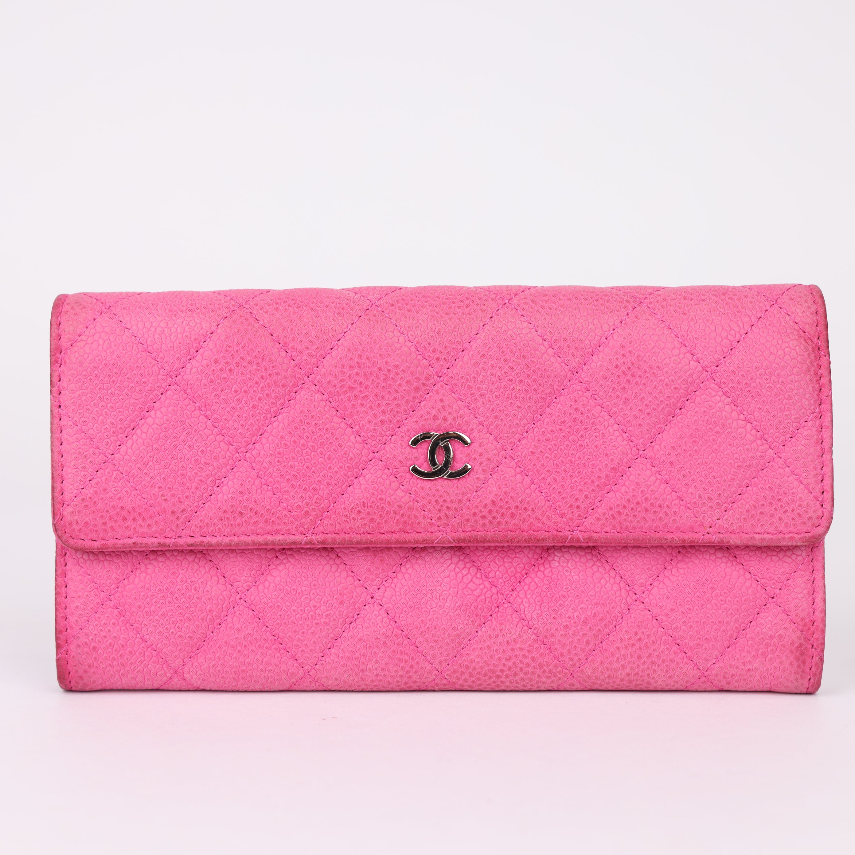 J0980 CHANEL Pink Quilted Matte Caviar Leather L Gusset Flap Wallet- Pre Owned