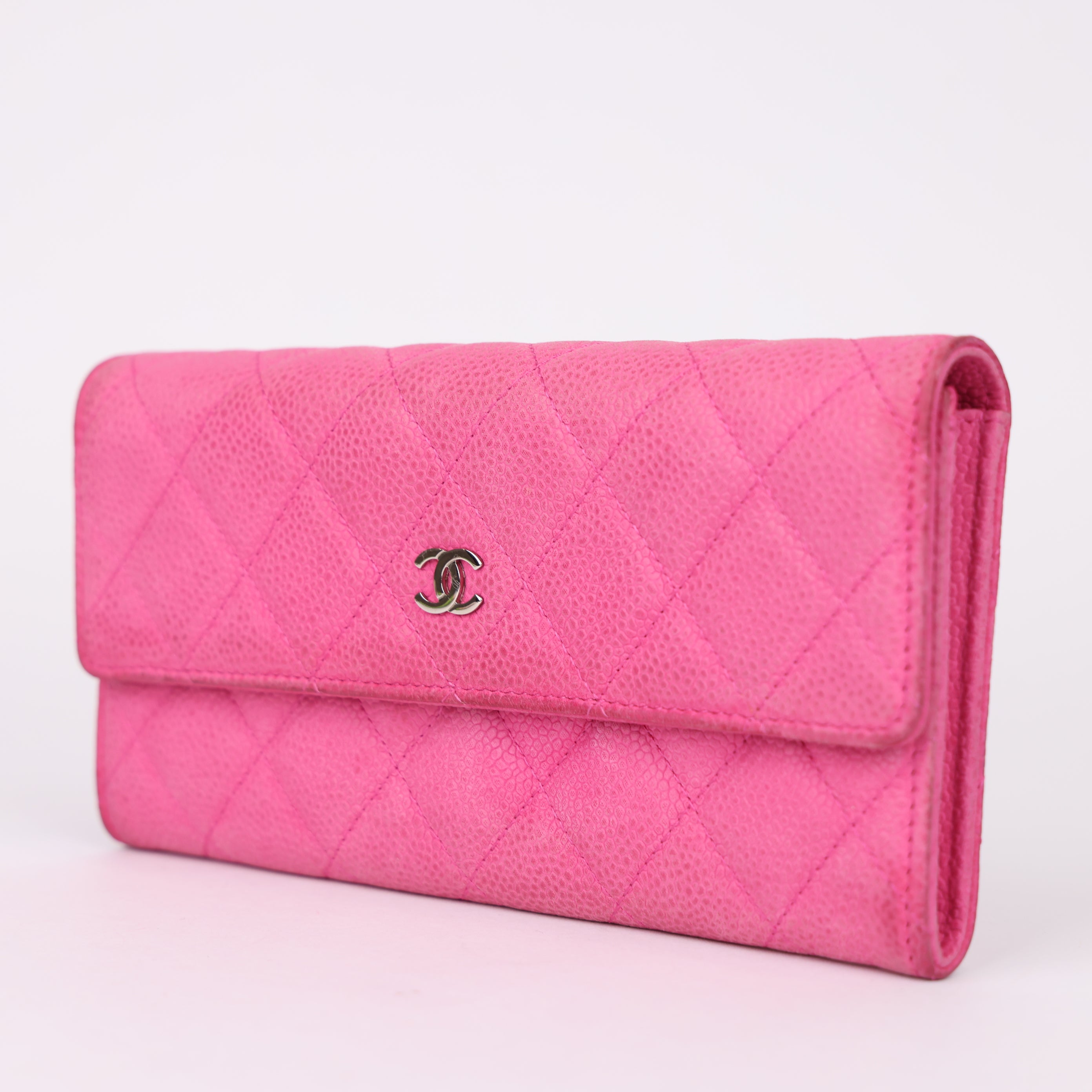 J0980 CHANEL Pink Quilted Matte Caviar Leather L Gusset Flap Wallet- Pre Owned