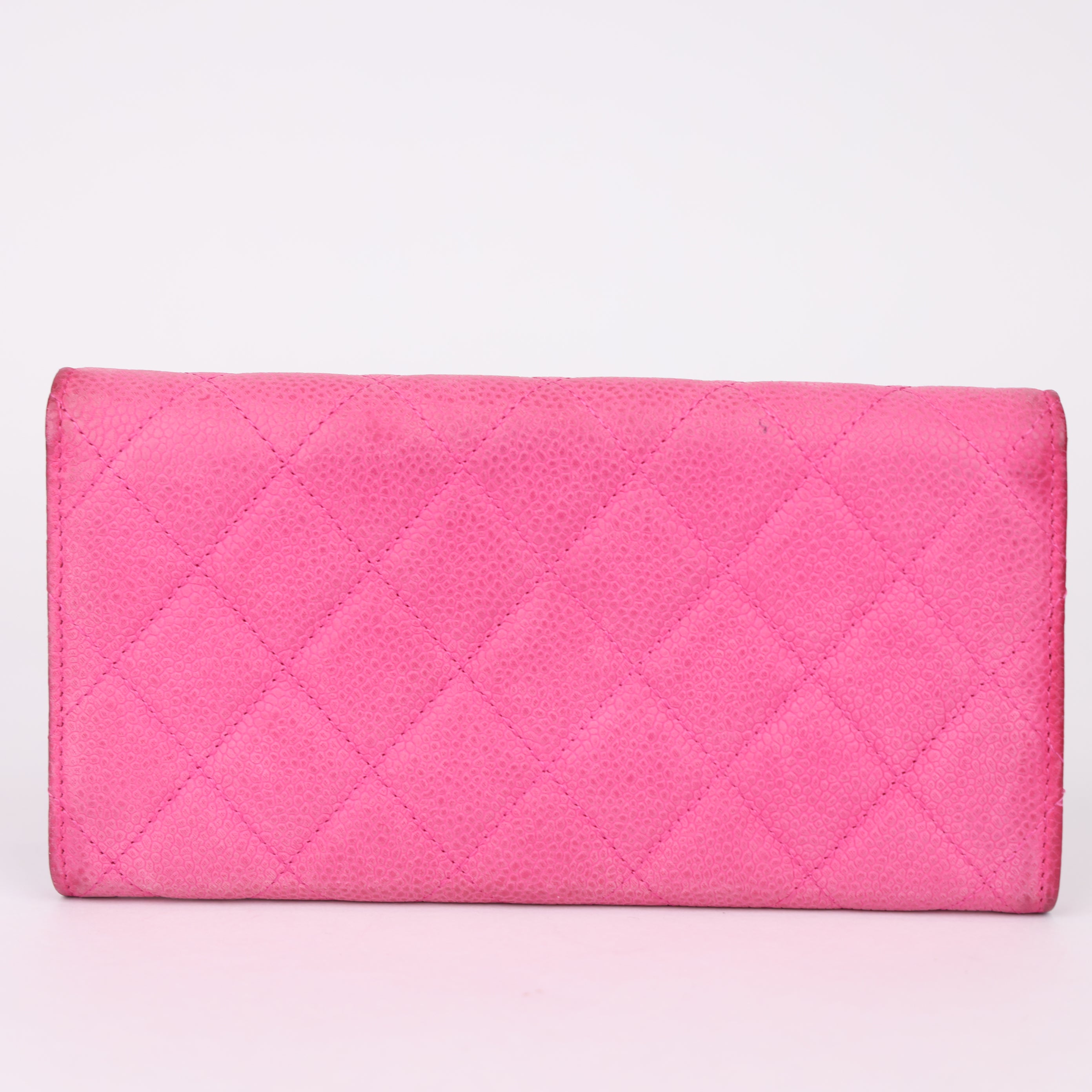 J0980 CHANEL Pink Quilted Matte Caviar Leather L Gusset Flap Wallet- Pre Owned