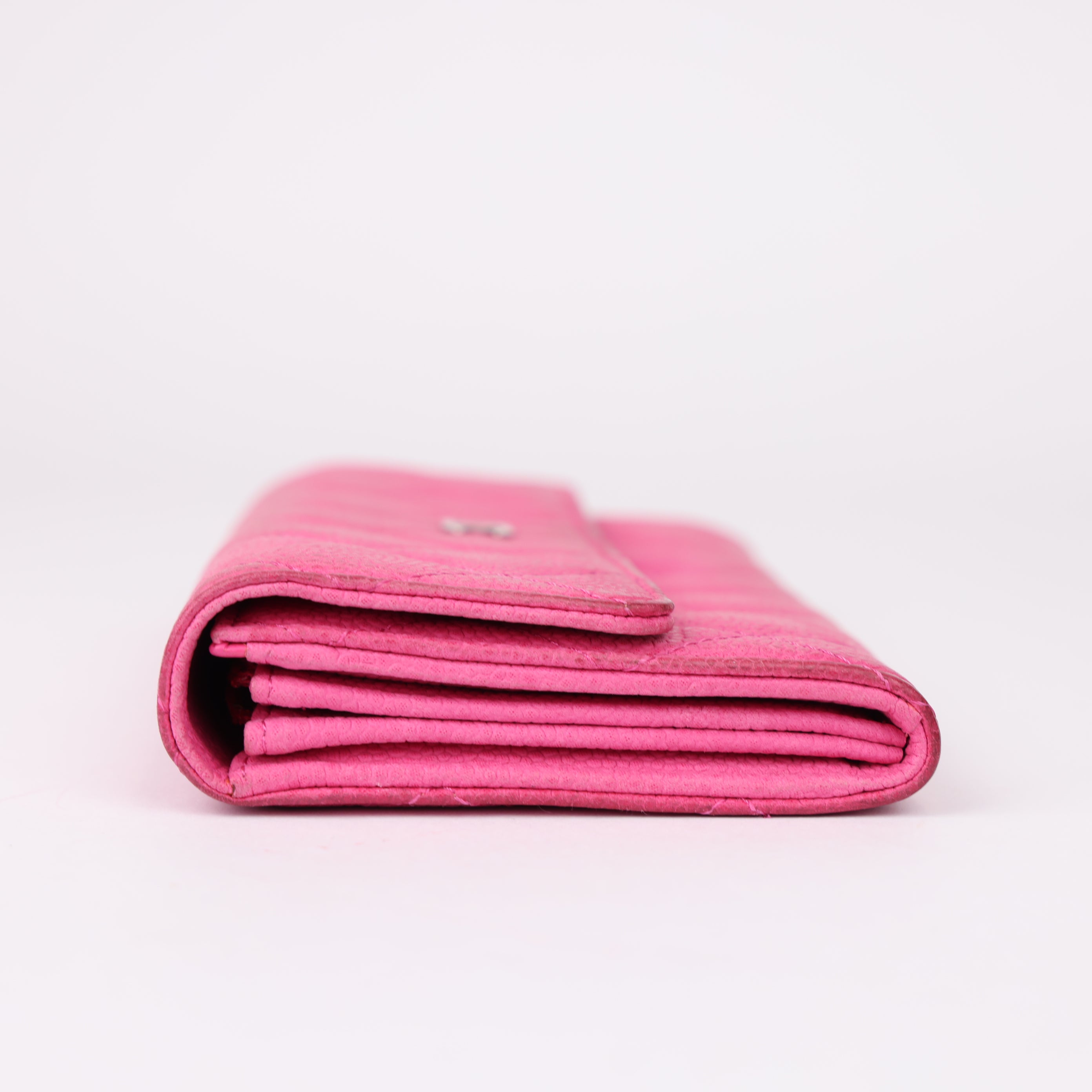 J0980 CHANEL Pink Quilted Matte Caviar Leather L Gusset Flap Wallet- Pre Owned