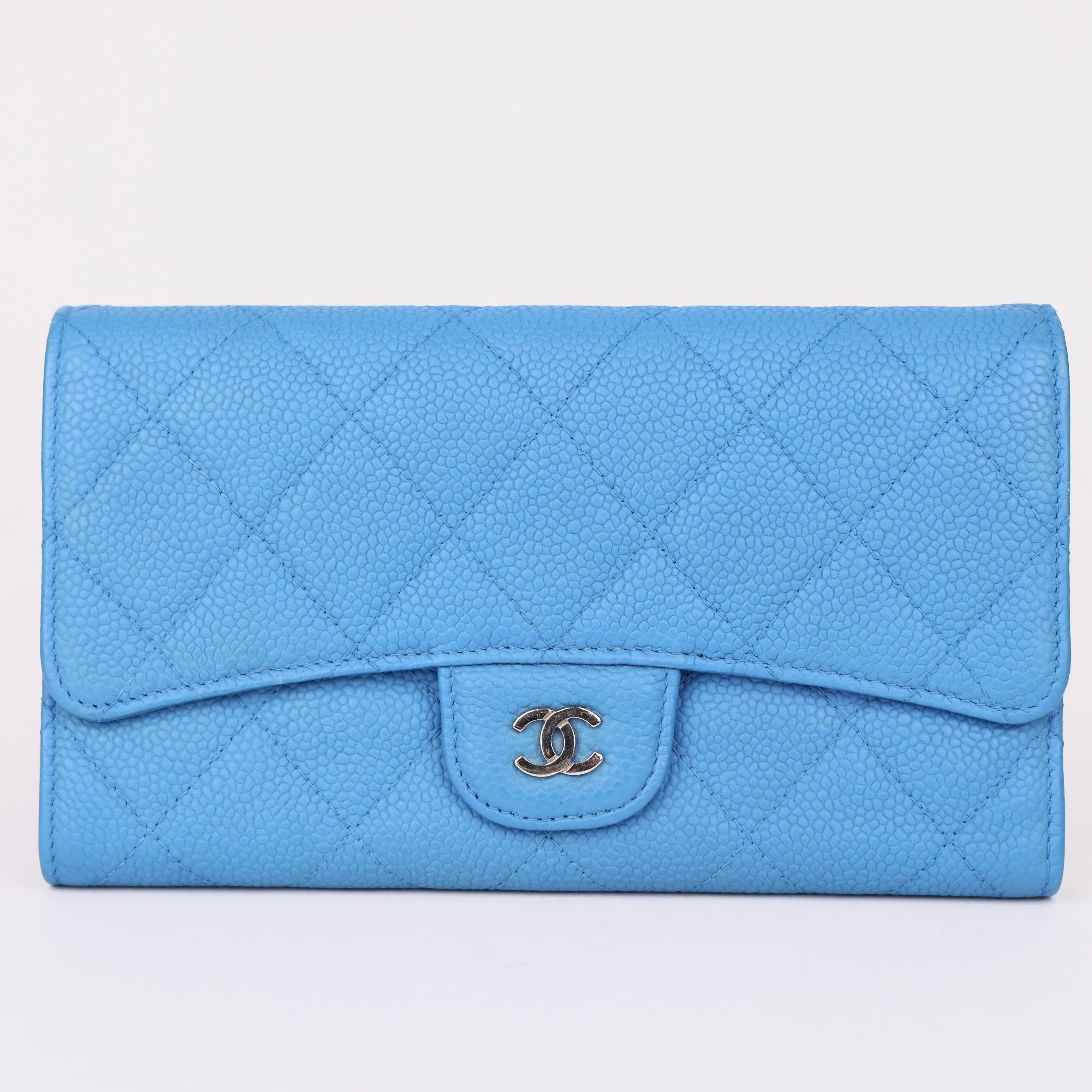 J0985 Chanel Light Blue Quilted Caviar Leather Trifold Classic Flap Wallet- Pre Owned