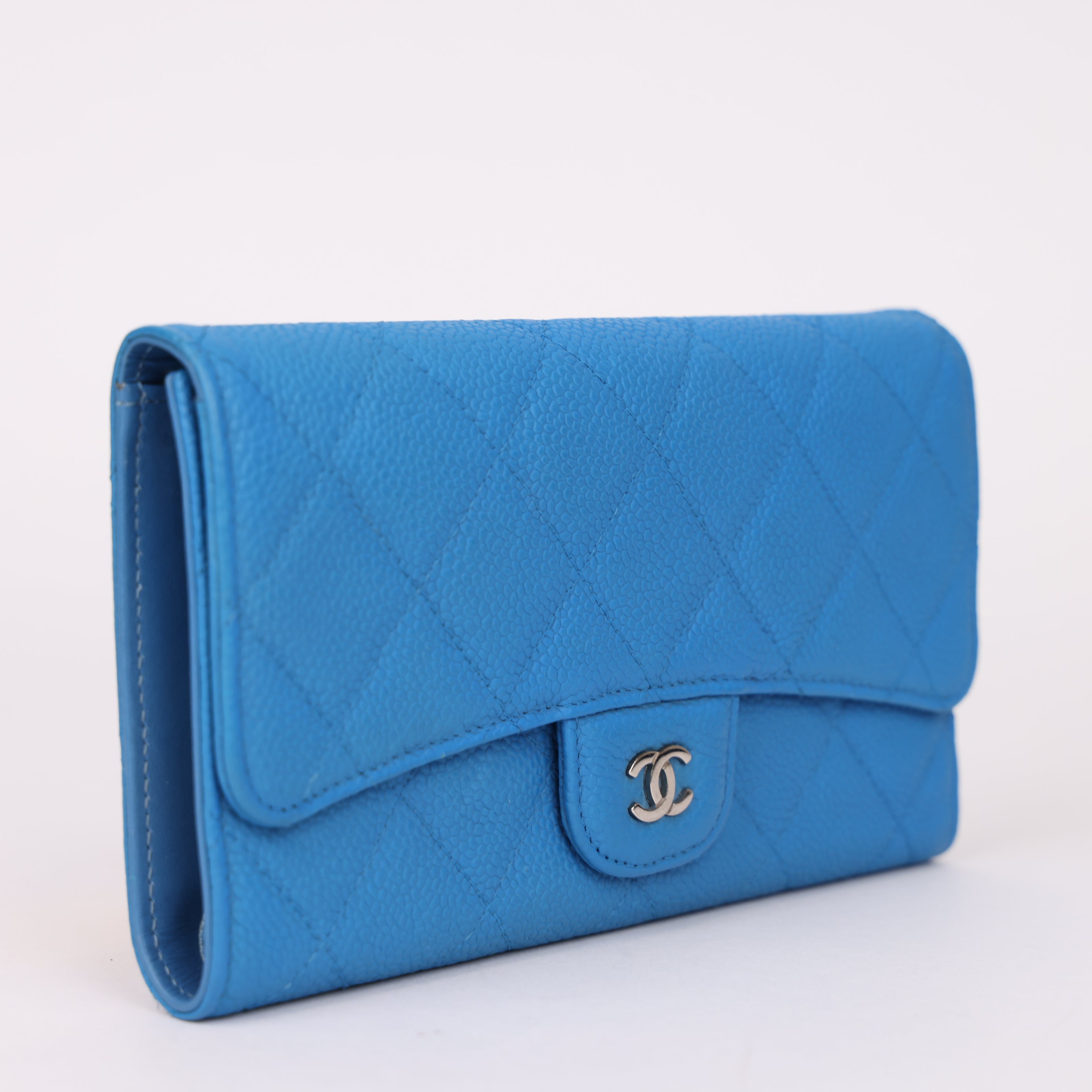 J0985 Chanel Light Blue Quilted Caviar Leather Trifold Classic Flap Wallet- Pre Owned