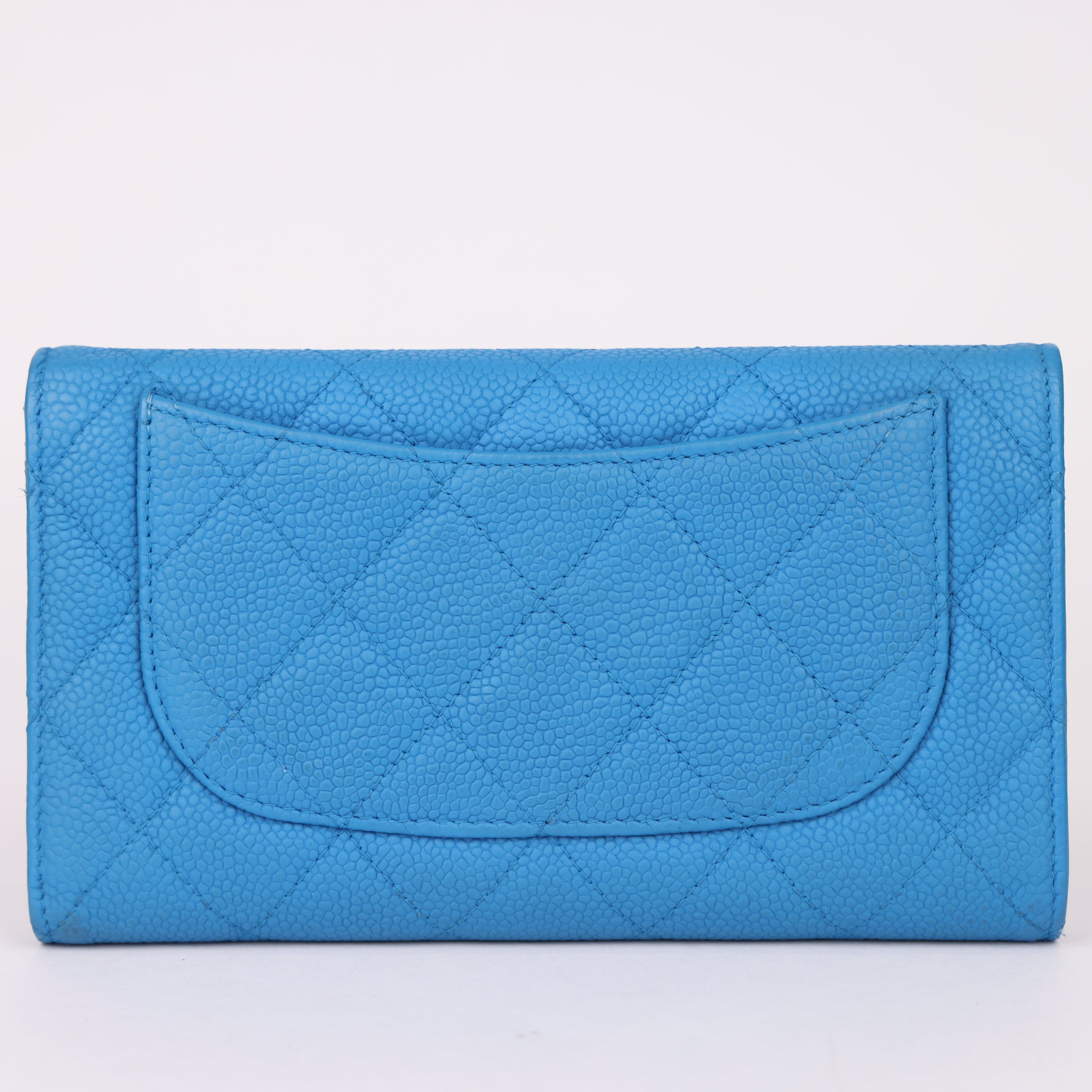 J0985 Chanel Light Blue Quilted Caviar Leather Trifold Classic Flap Wallet- Pre Owned