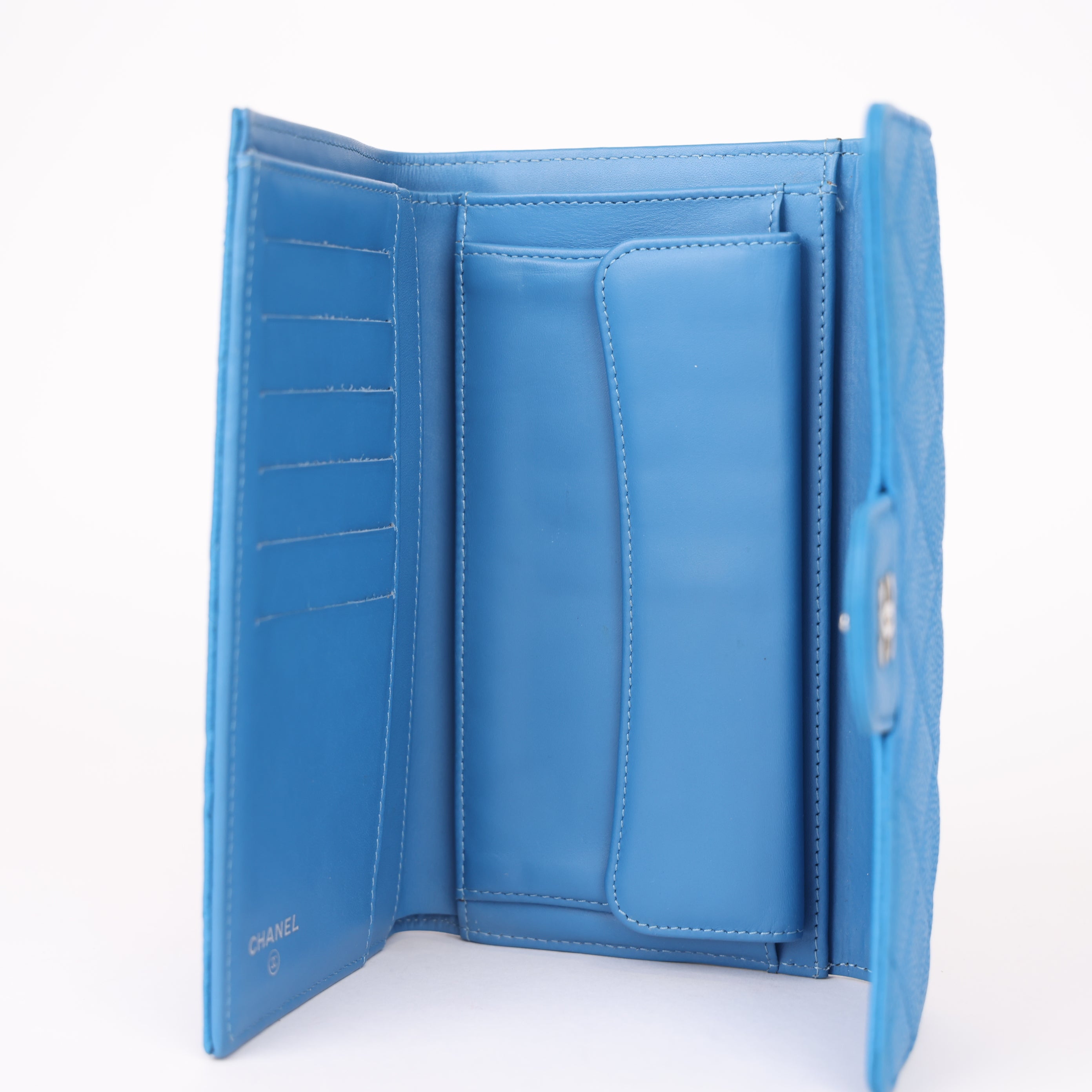 J0985 Chanel Light Blue Quilted Caviar Leather Trifold Classic Flap Wallet- Pre Owned