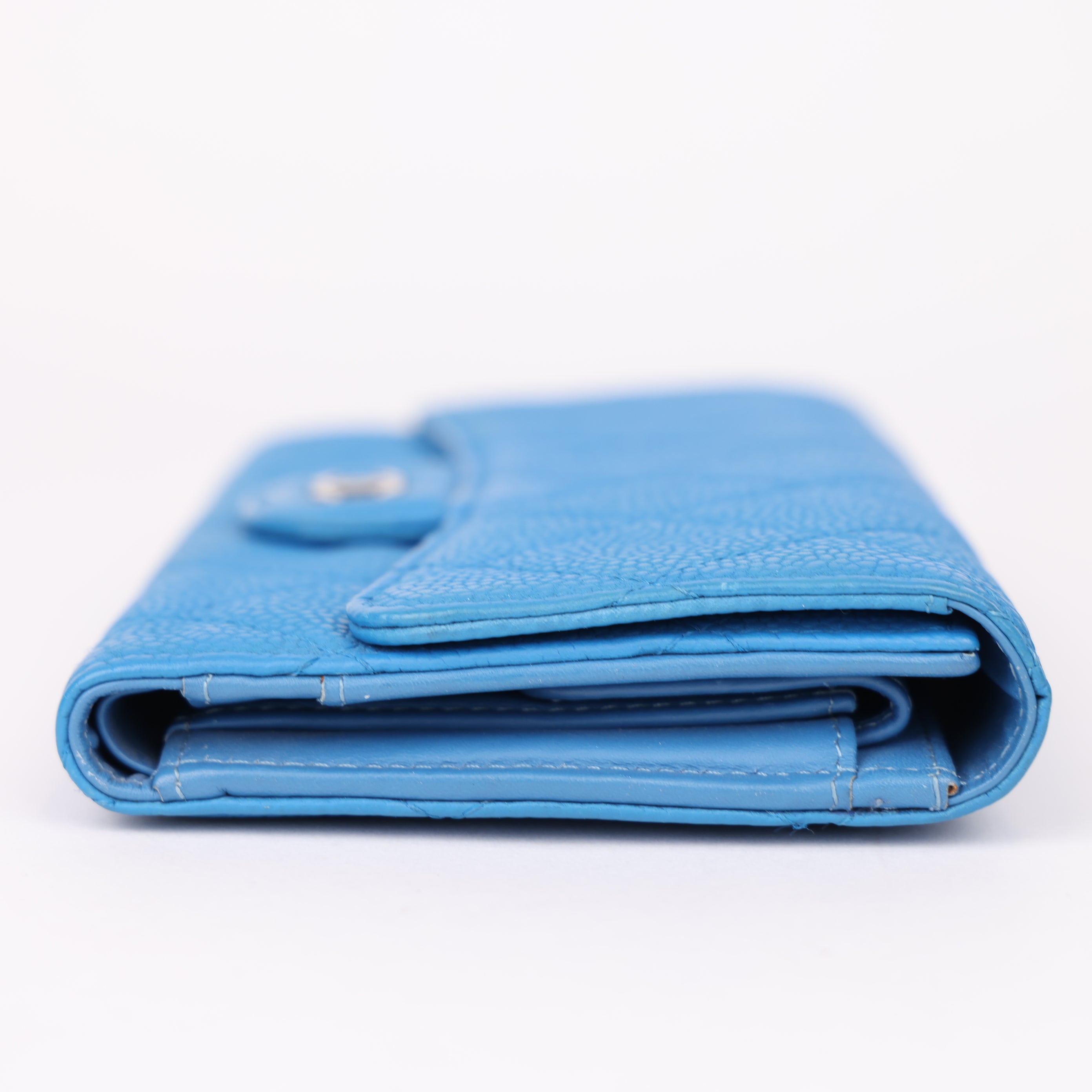 J0985 Chanel Light Blue Quilted Caviar Leather Trifold Classic Flap Wallet- Pre Owned