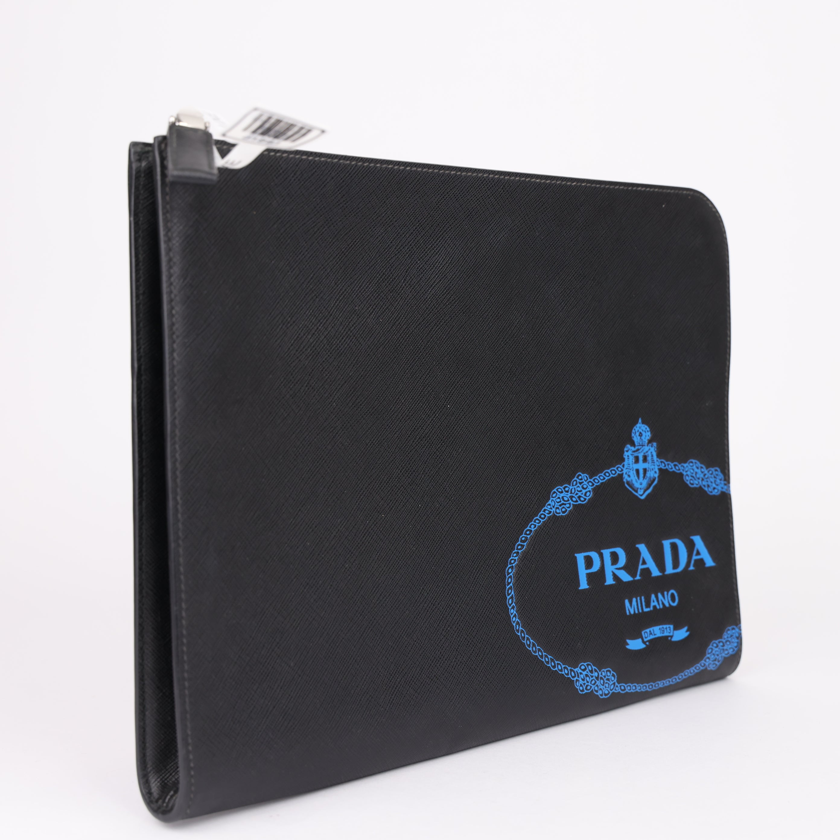 J1911 Prada Saffiano Pouch Second Bag Black Blue- Pre Owned