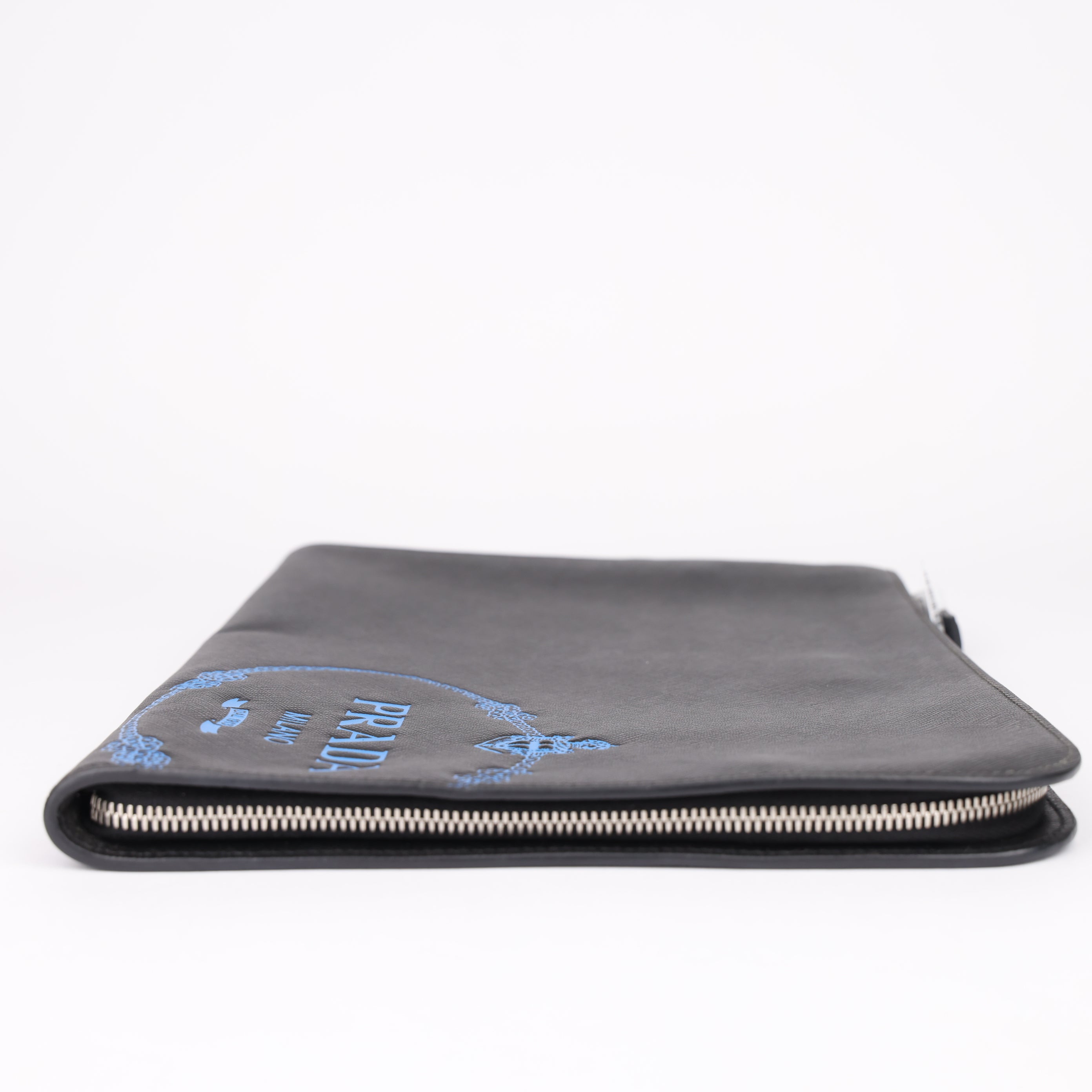 J1911 Prada Saffiano Pouch Second Bag Black Blue- Pre Owned