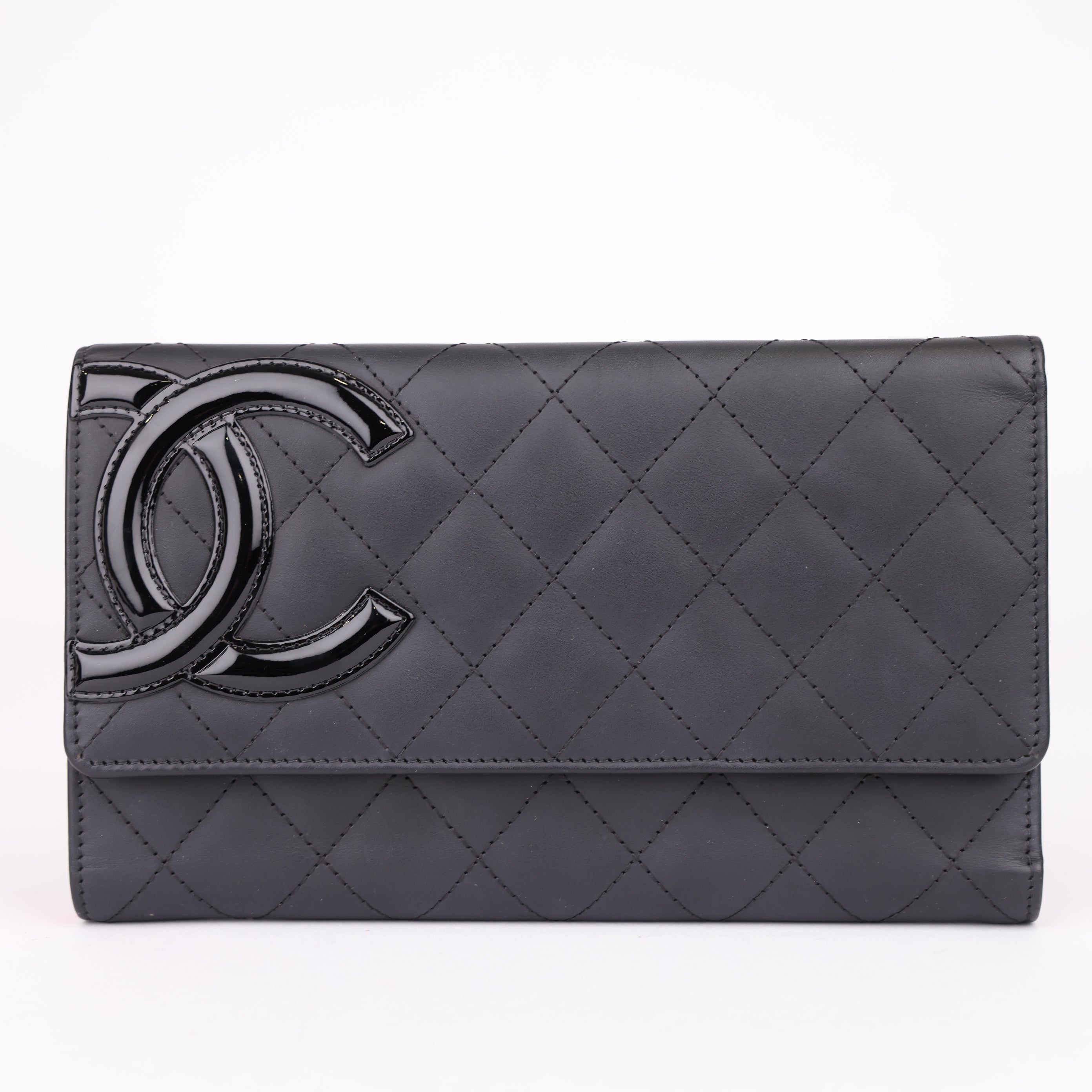 J1980 CHANEL CC Cambon Calf Leather Enamel Black Pink Long Wallet - Pre Owned