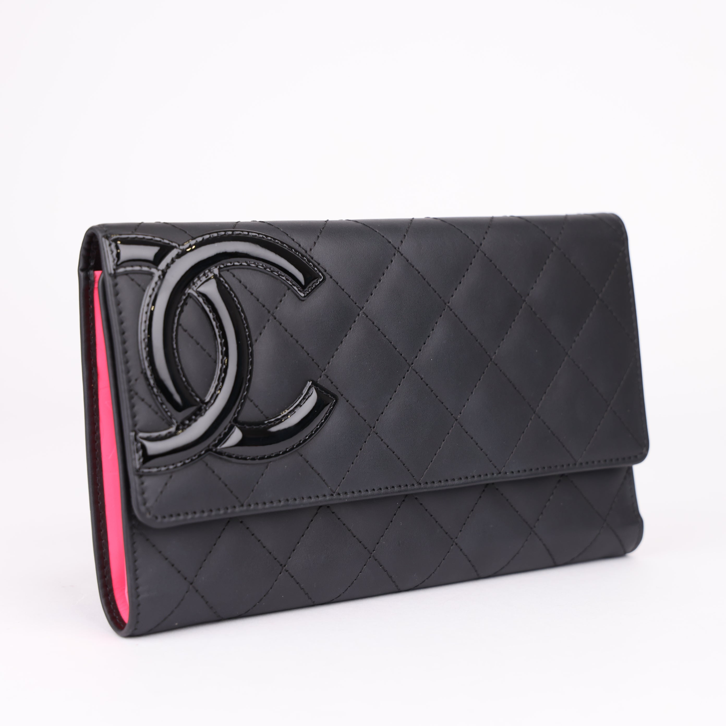 J1980 CHANEL CC Cambon Calf Leather Enamel Black Pink Long Wallet - Pre Owned