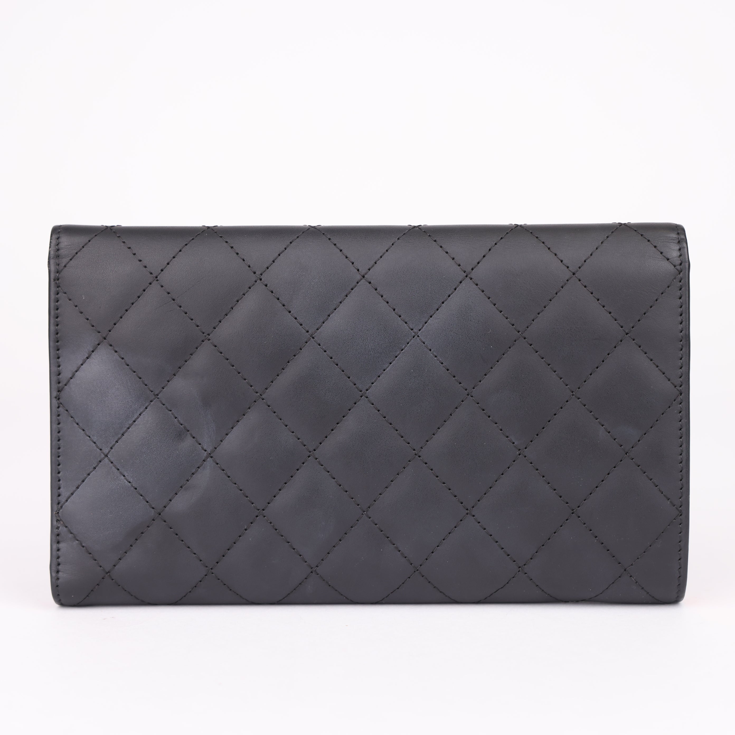 J1980 CHANEL CC Cambon Calf Leather Enamel Black Pink Long Wallet - Pre Owned