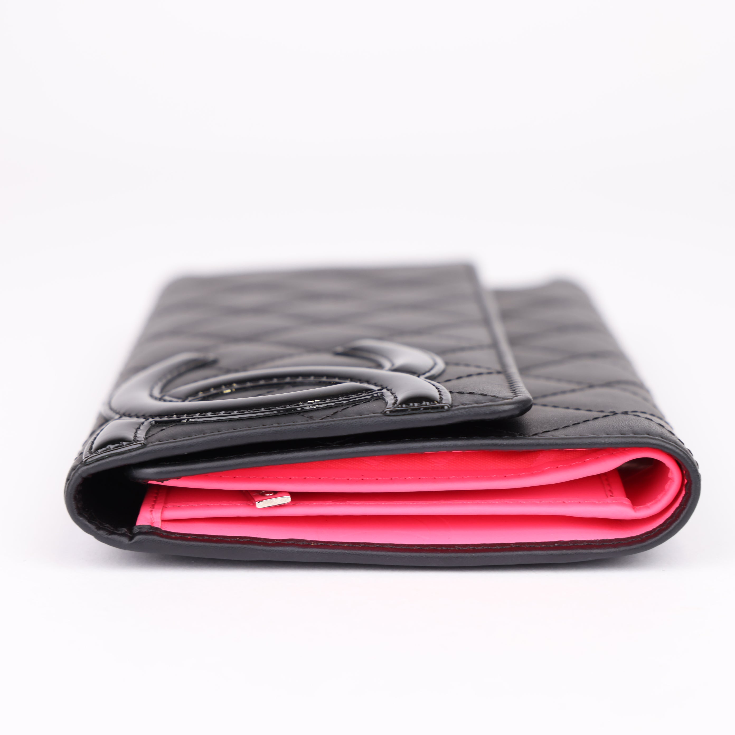 J1980 CHANEL CC Cambon Calf Leather Enamel Black Pink Long Wallet - Pre Owned