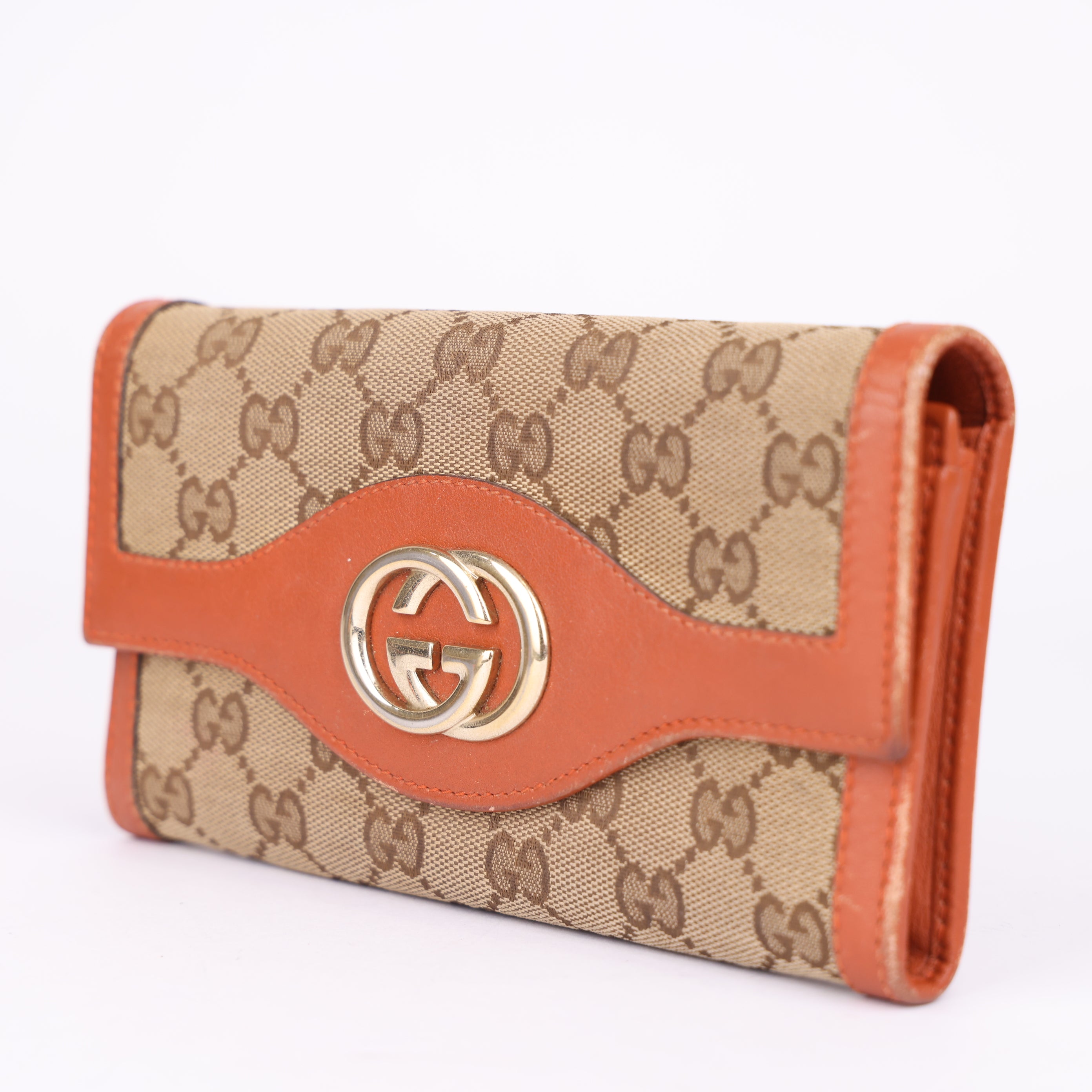 J1969 Gucci GG Orange & Tan Leather x Canvas Sukey Continental Wallet - Pre Owned