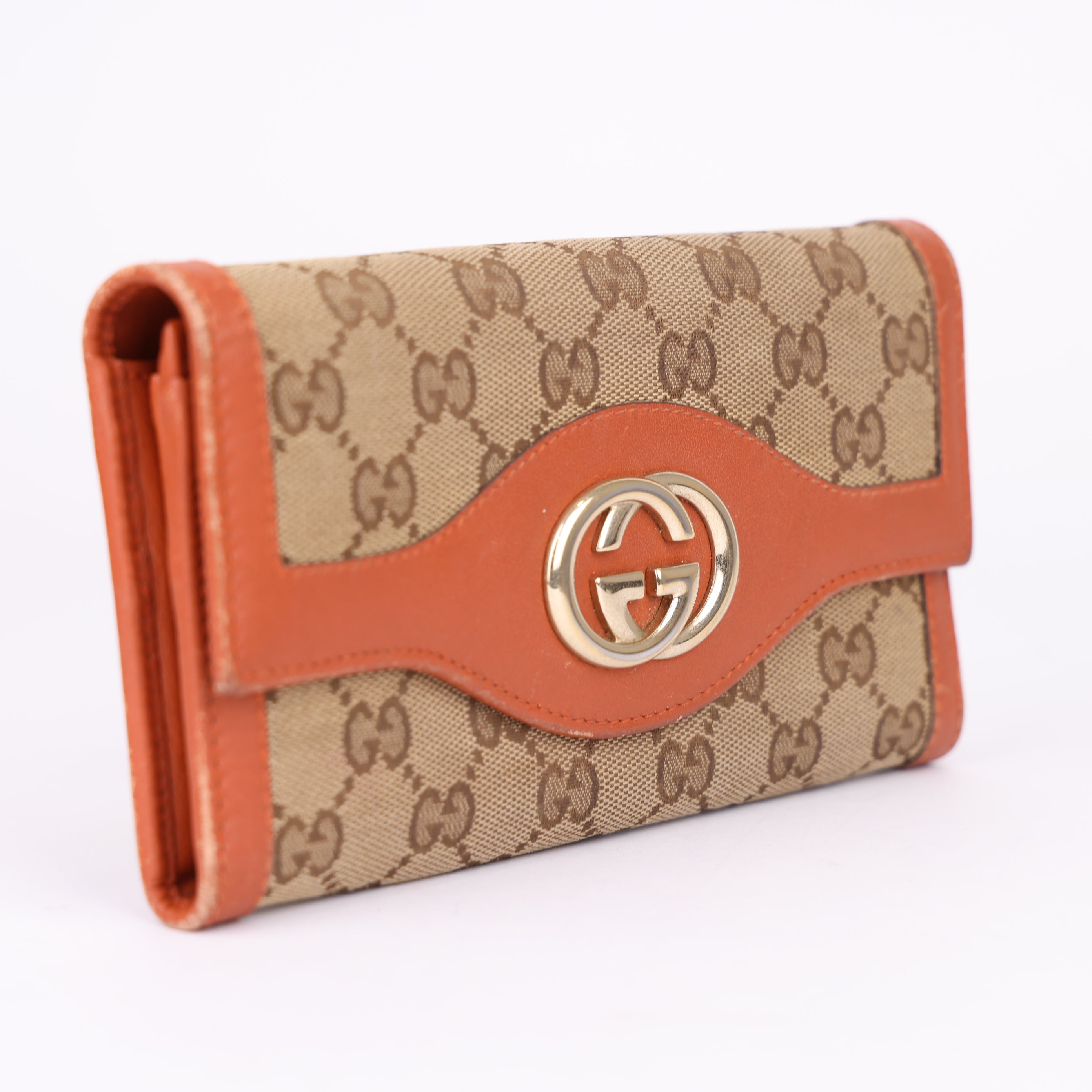 J1969 Gucci GG Orange & Tan Leather x Canvas Sukey Continental Wallet - Pre Owned