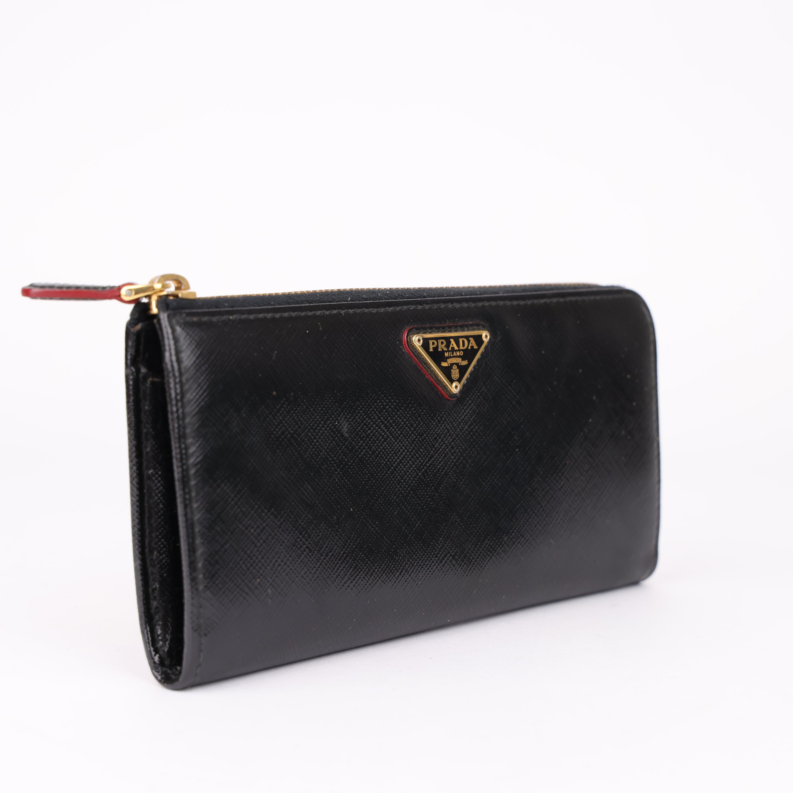 J1919 Prada Black Saffiano Leather Zip Around Wallet- Pre Owned