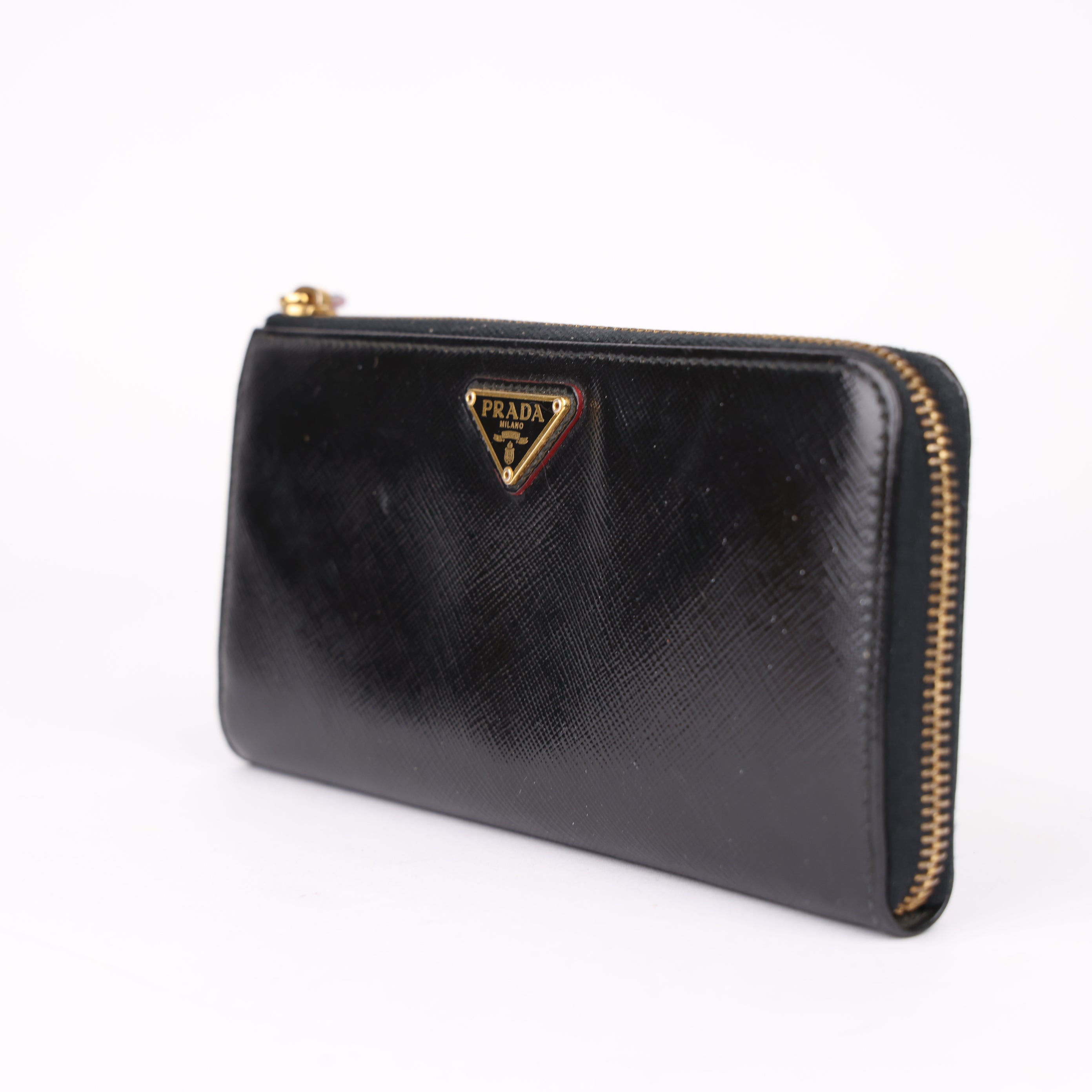 J1919 Prada Black Saffiano Leather Zip Around Wallet- Pre Owned